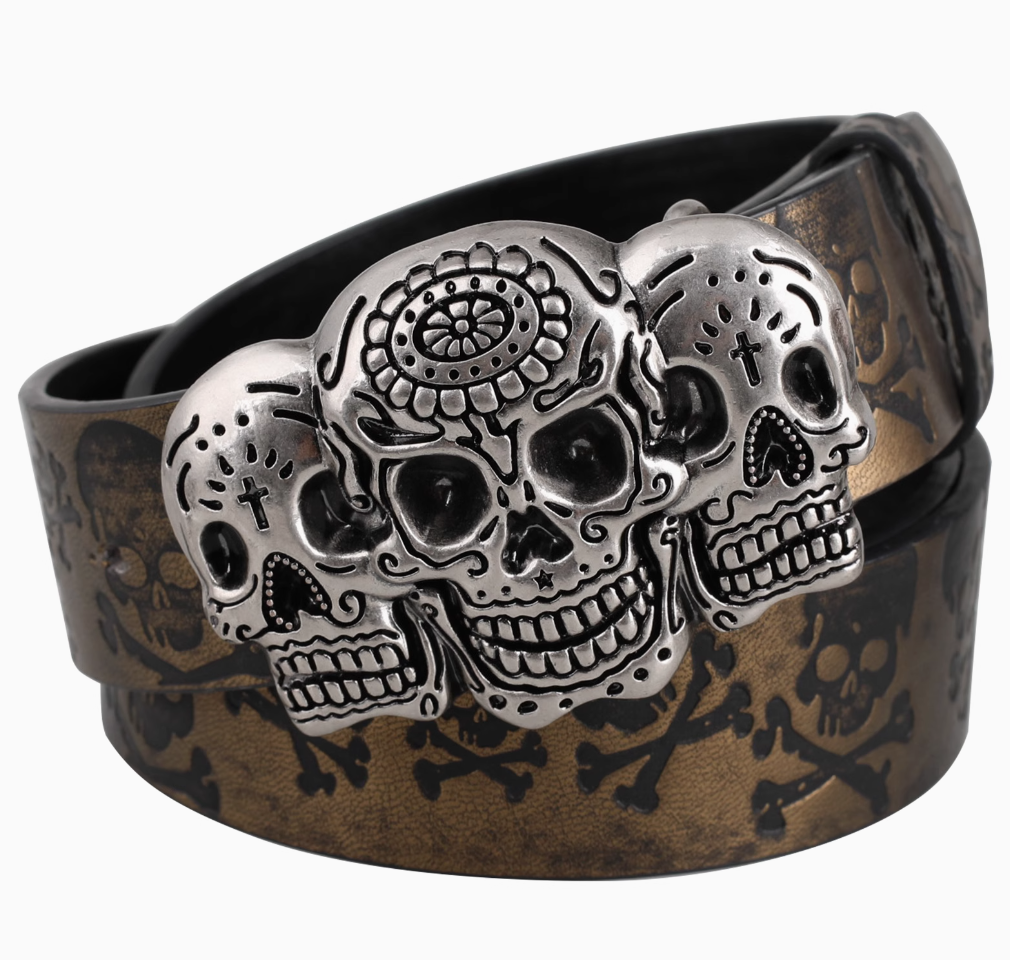 Dark punk style snap buckle versatile skull buckle belt for both men and women, street style rivet belt Specification drawing