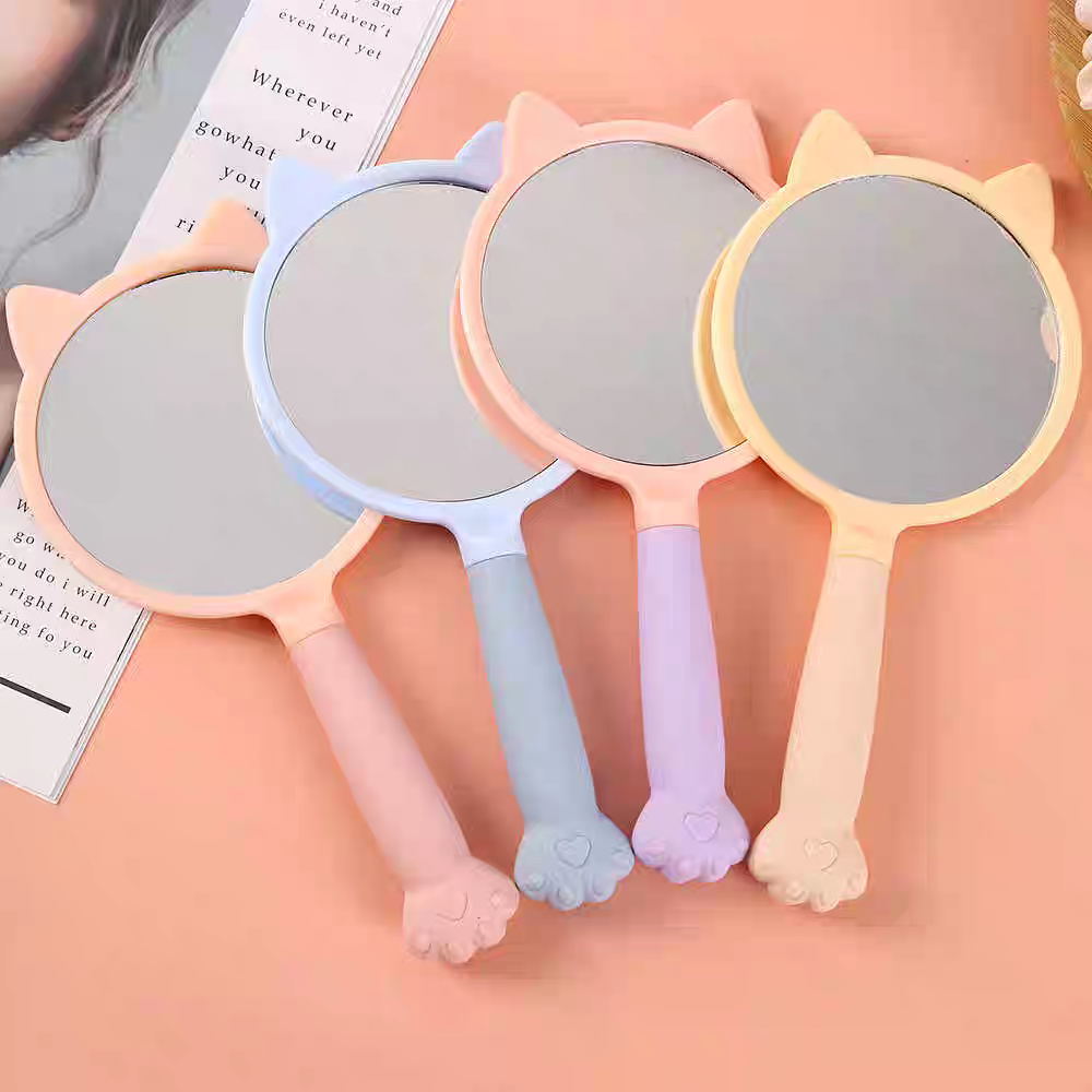 可爱猫爪化妆镜学生手柄美妆镜撞色女生便携礼品镜韩版镜子批发