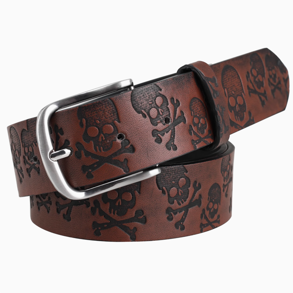 American wide belt, versatile men's and women's belt, punk rock nightclub personality, skull embossed vintage belt full figure