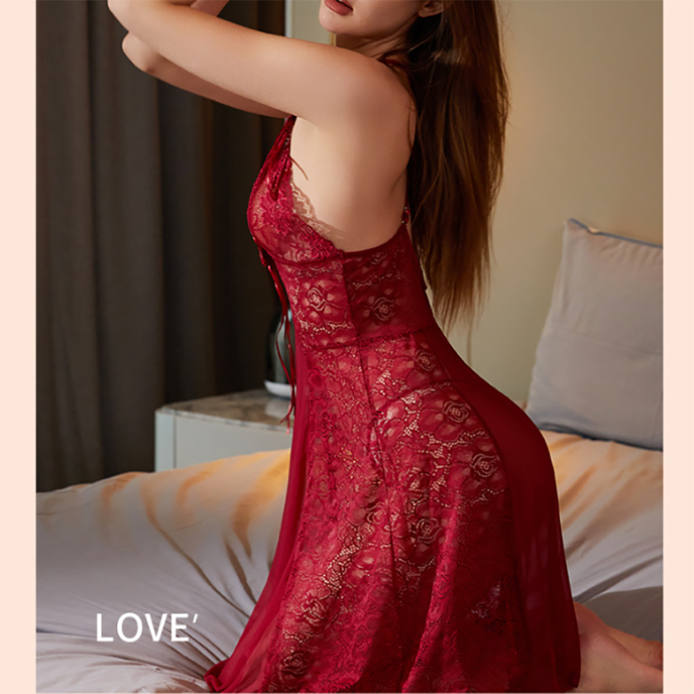 Export-oriented thin and sexy large mesh sheer lace women's underwear and women's spaghetti-strap nightgown Specification drawing
