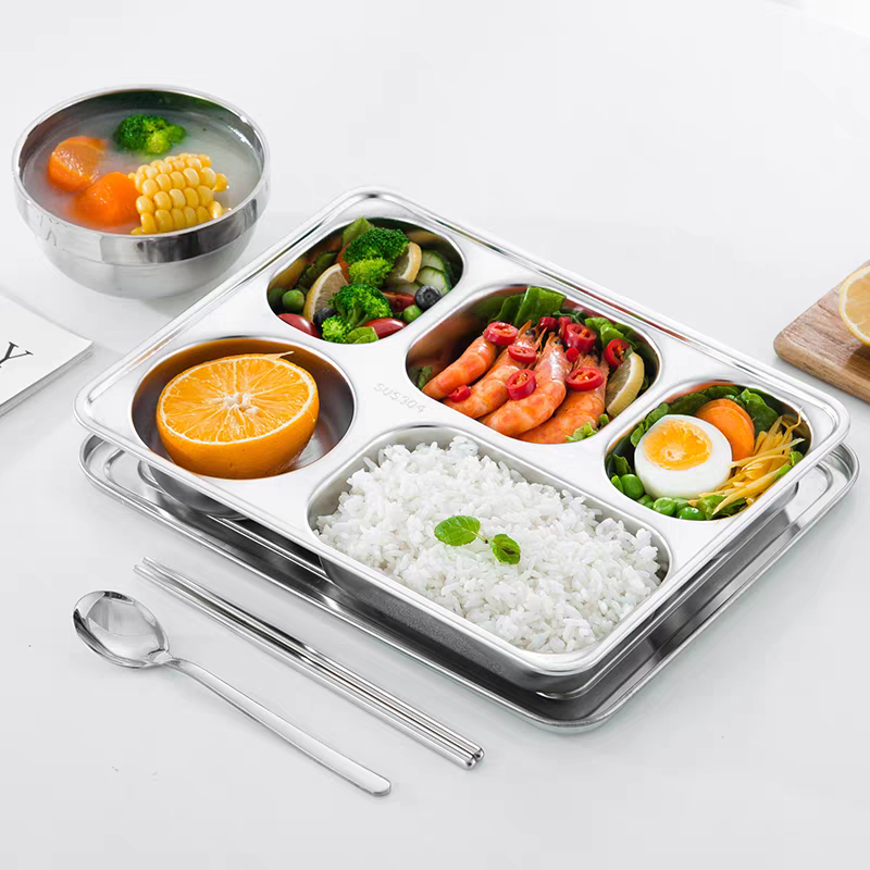 304 stainless steel plates with compartments for home use, adult dining, fast food, children and students. Five-compartment plates detail image 2