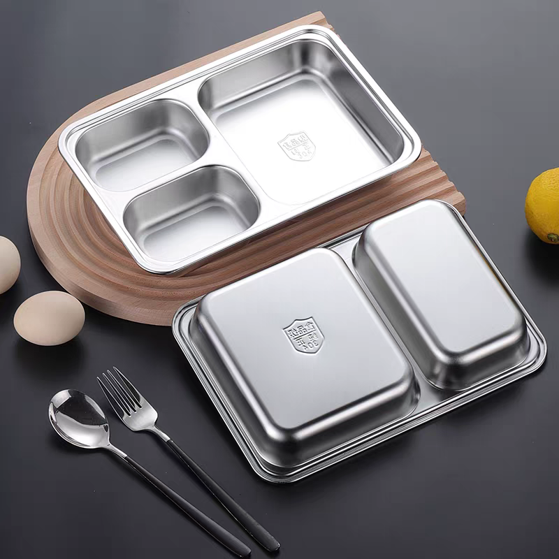 304 stainless steel partitioned plates, rectangular plates for children in kindergartens, three-partitioned plates for students, durable details Picture