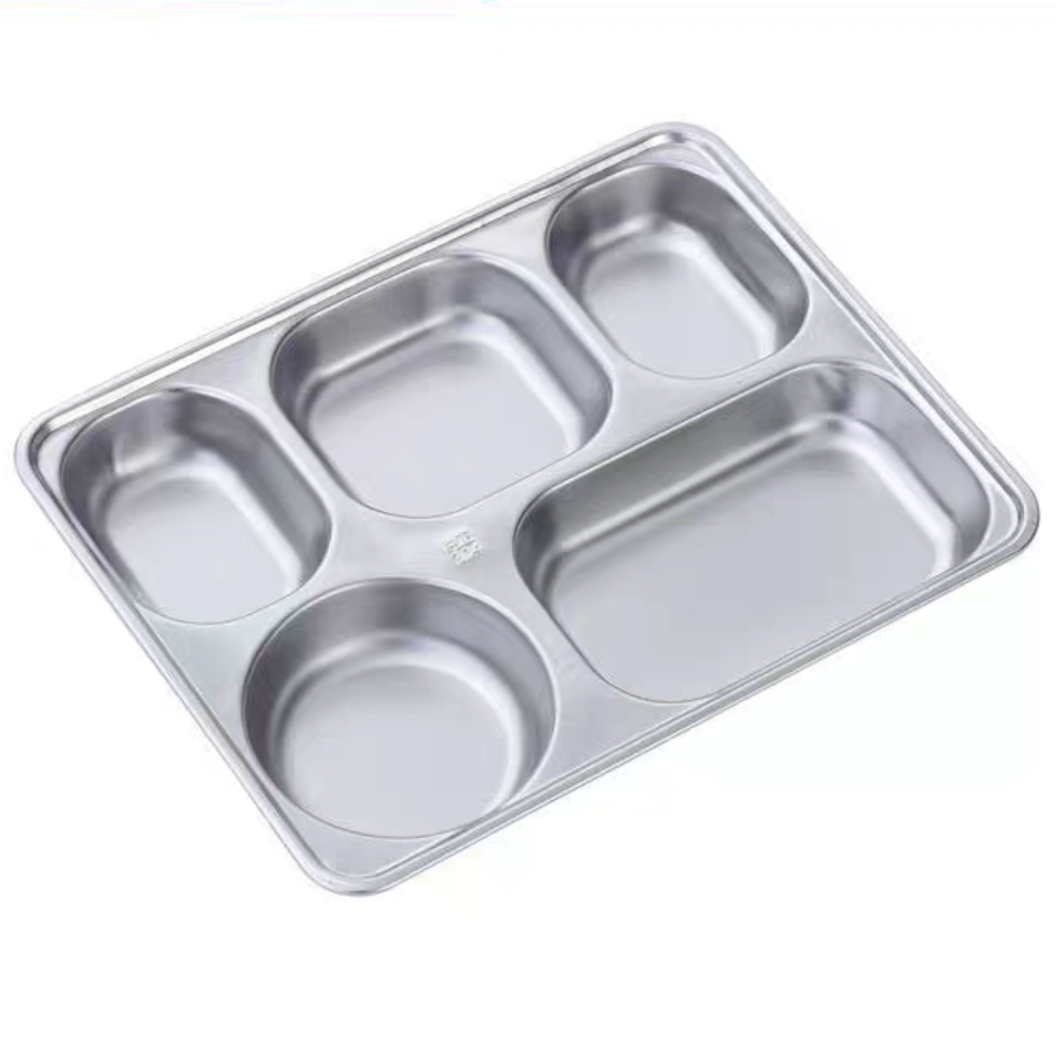 304 stainless steel plates with compartments for home use, adult dining, fast food, children and students. Five-compartment plates