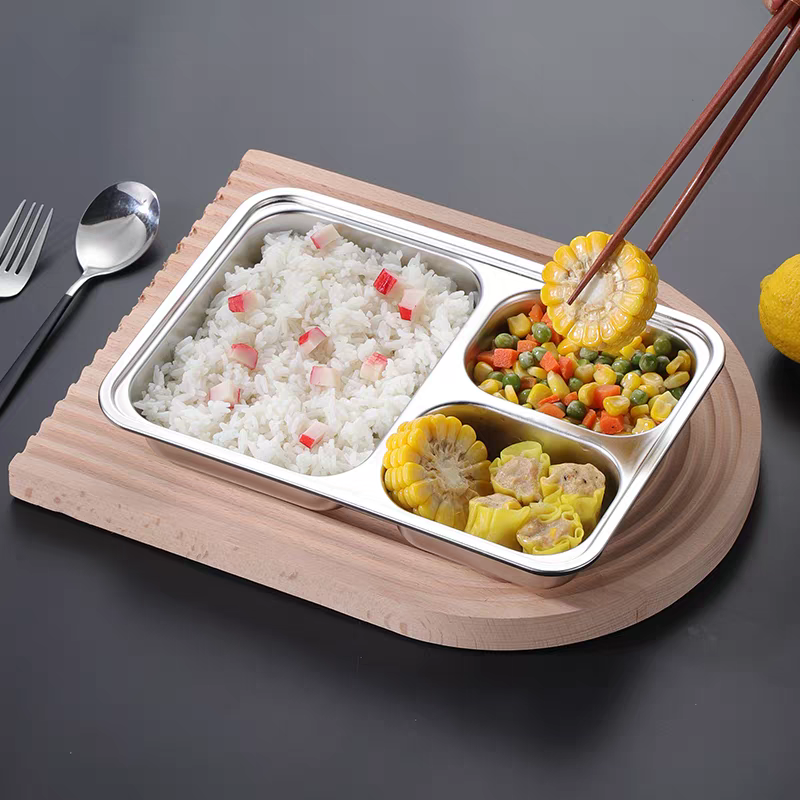 304 stainless steel partitioned plates, rectangular plates for children in kindergartens, three-partitioned plates for students, durable