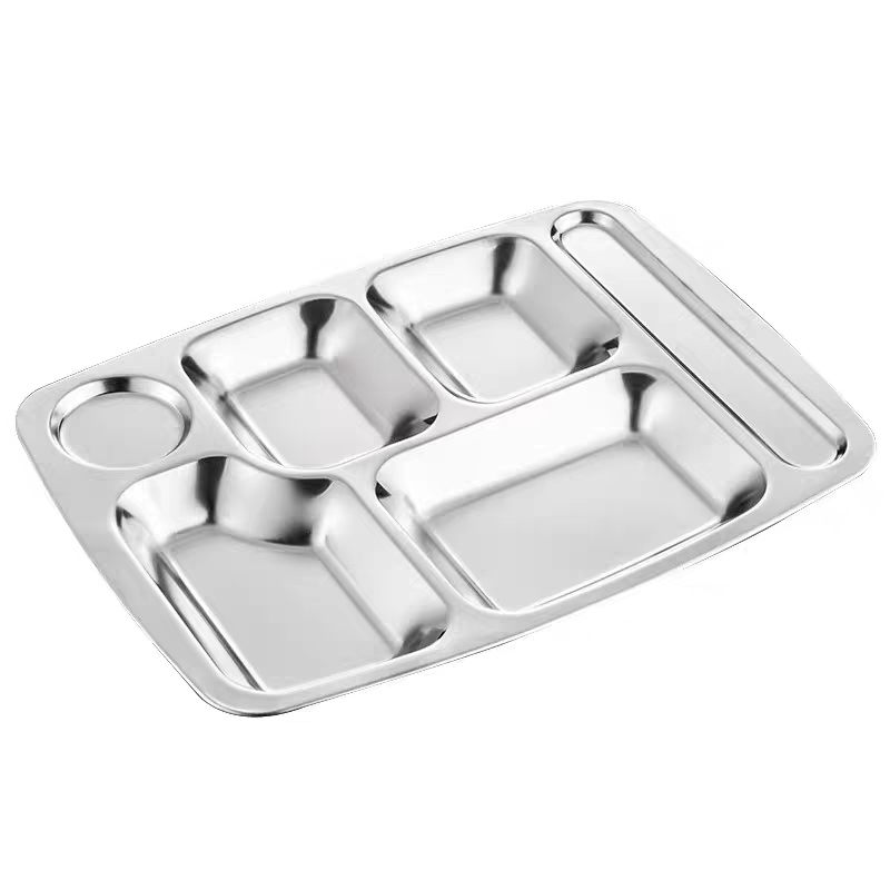 304 stainless steel plate, square five-compartment fast food plate, thickened lunch box for adult and student canteens, compartment-divided lunch box Application Scenario