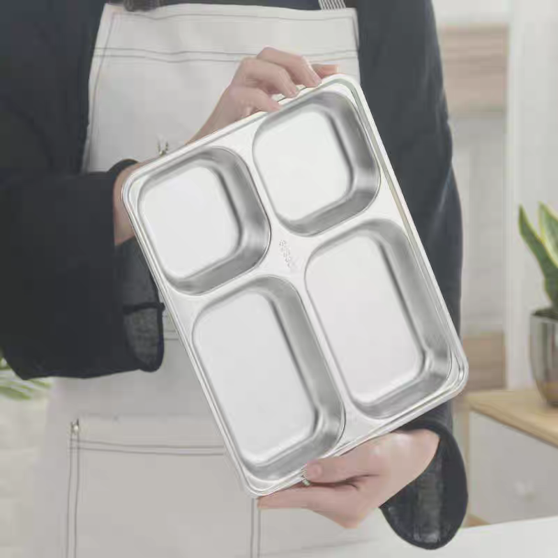 304 stainless steel plate, square four-compartment fast food plate, thickened lunch box for adult and student canteens, compartment-divided lunch box details Picture
