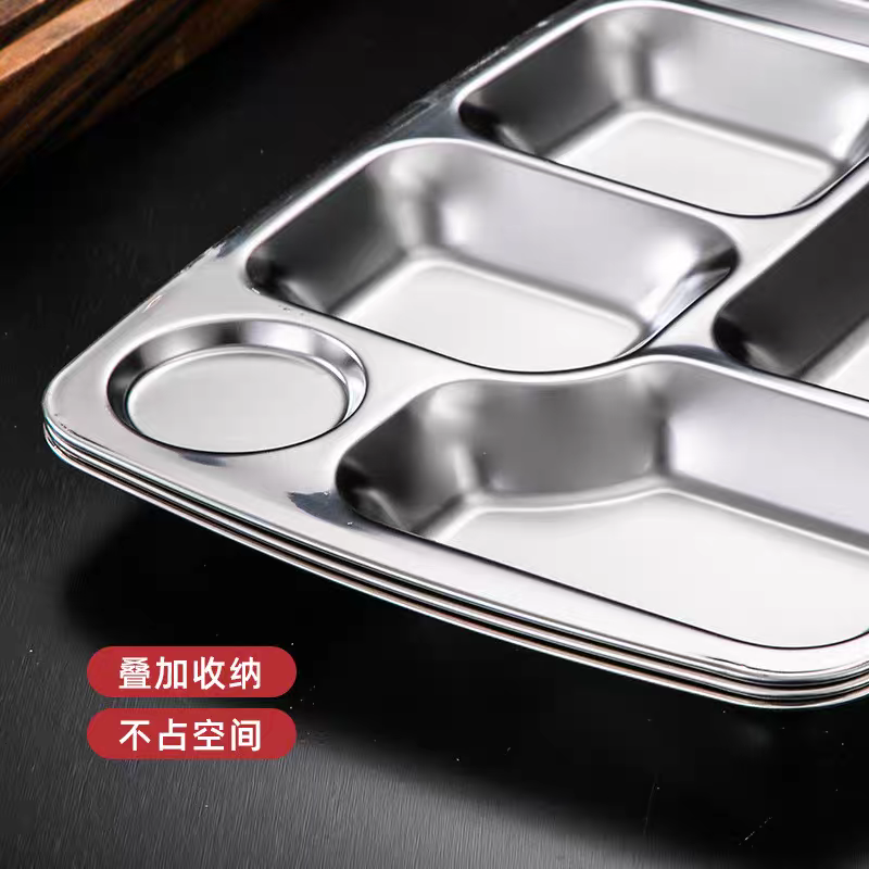 304 stainless steel plate, square five-compartment fast food plate, thickened lunch box for adult and student canteens, compartment-divided lunch box Specification image