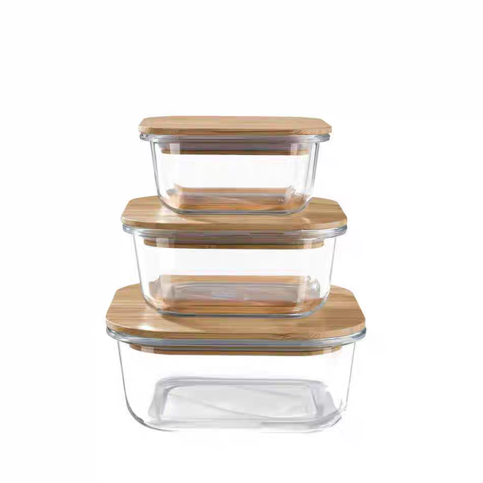 320ml square bamboo and wood lid high borosilicate glass bowl, microwave-safe high appearance level sealed food preservation box detail image 2