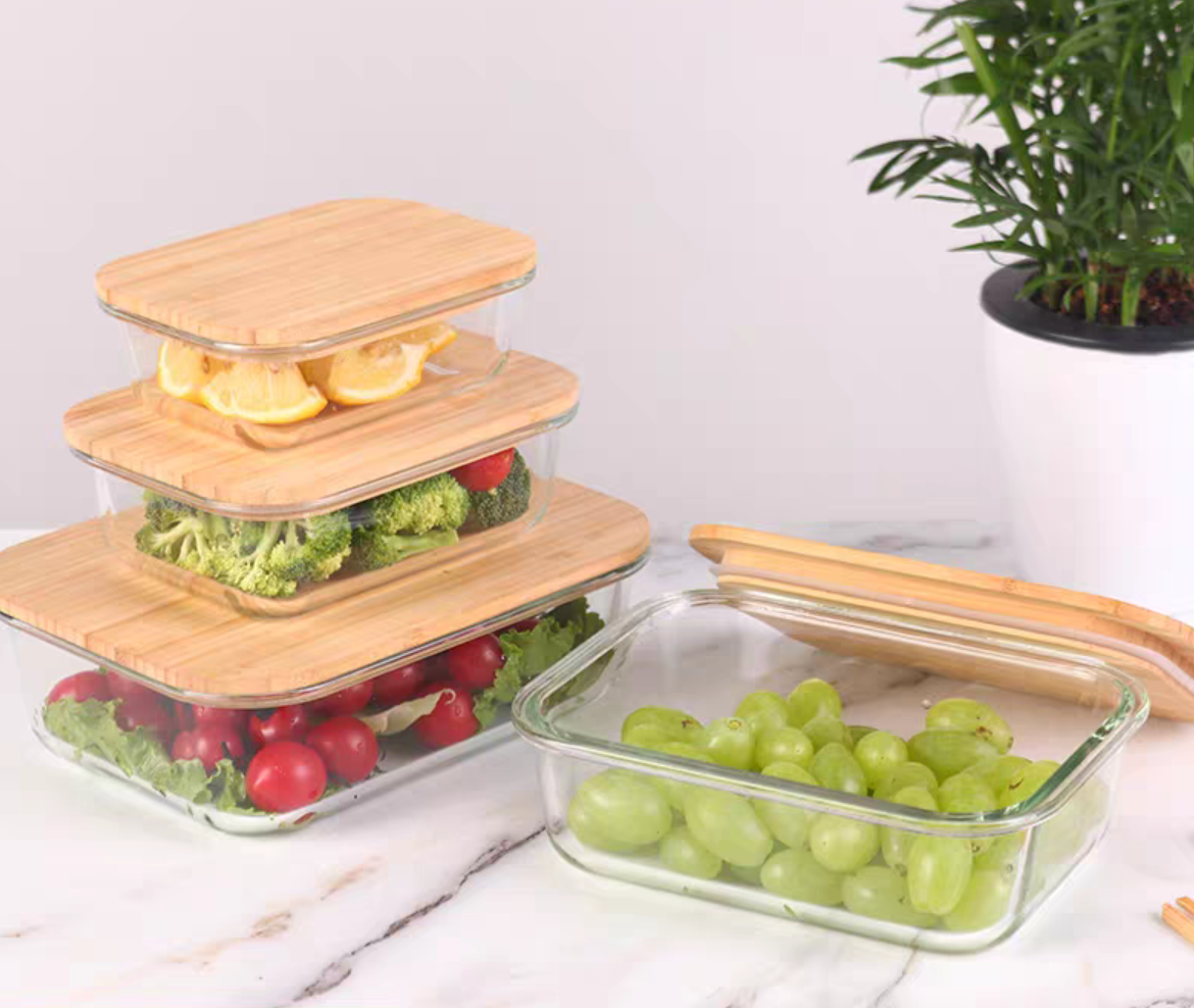 1040ml大长竹木盖玻璃饭盒可进微波炉冰箱密封保鲜盒玻璃碗竹盖饭盒详情图2