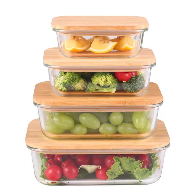 640ml medium-length bamboo and wood lid food storage box, glass lunch box, microwave-safe food storage bowl, food grade with rice Item Picture