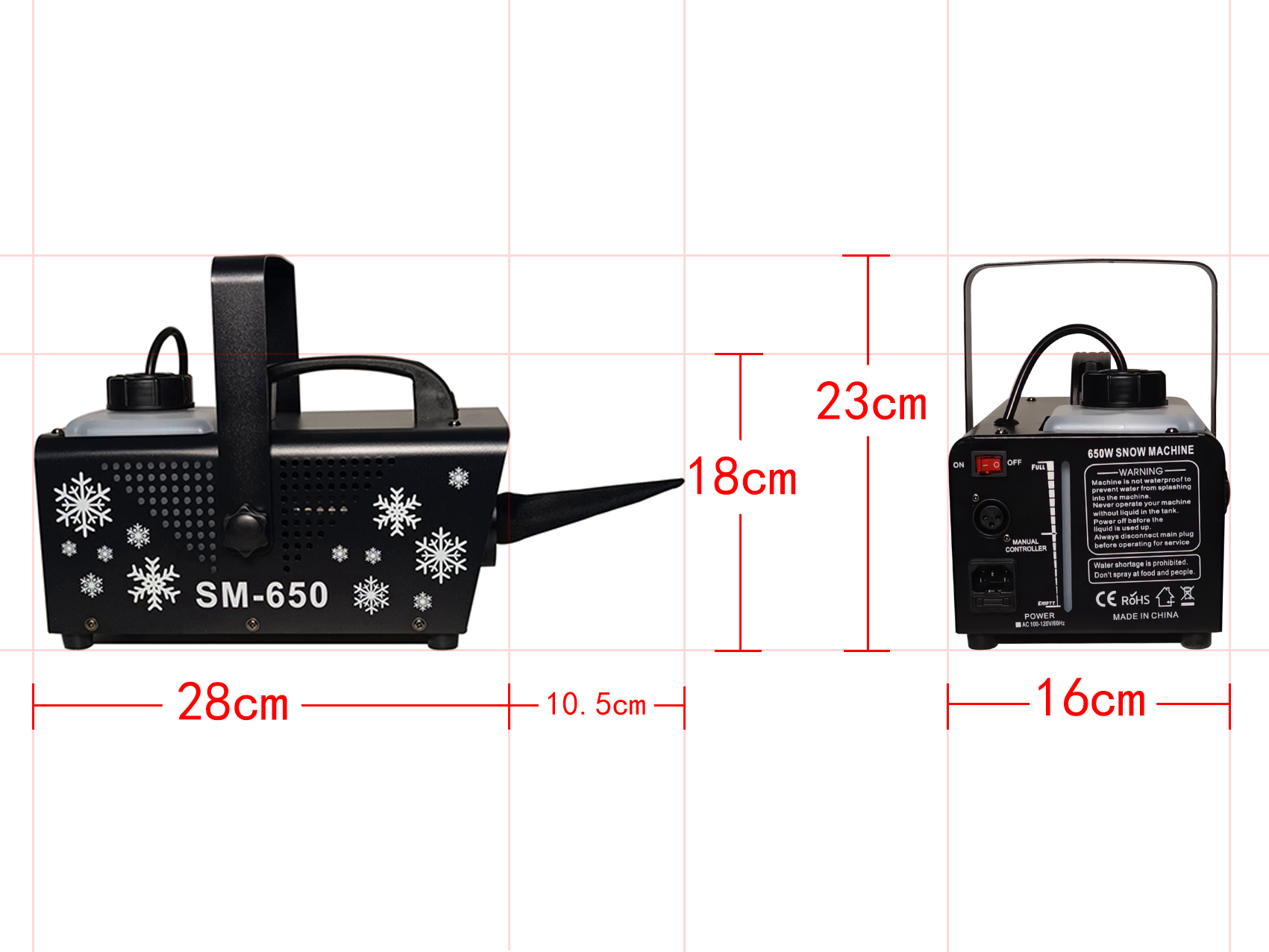 Small Stage-Specific Remote Control Snowflake Machine, 650W Snow Sprayer, Wedding Snowfall, Outdoor Performance Artificial Simulation Snow-Making Machine, Snow Machine, Christmas Festival Stage Special Effects Equipment Specification drawing