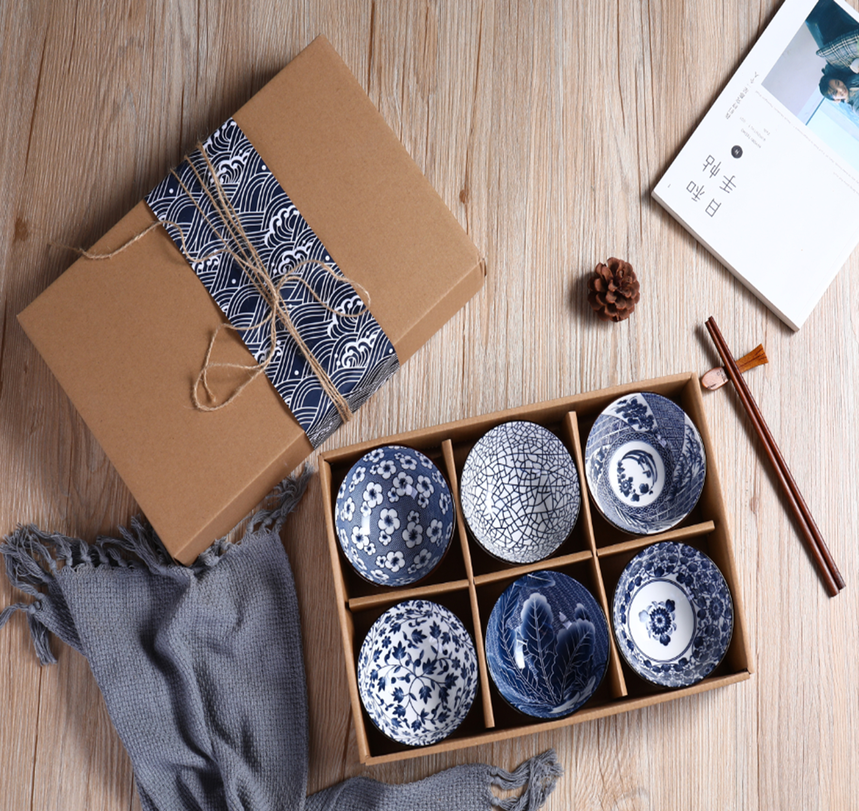 6 bowls - Blue and white mixed color Japanese Box QH-4B