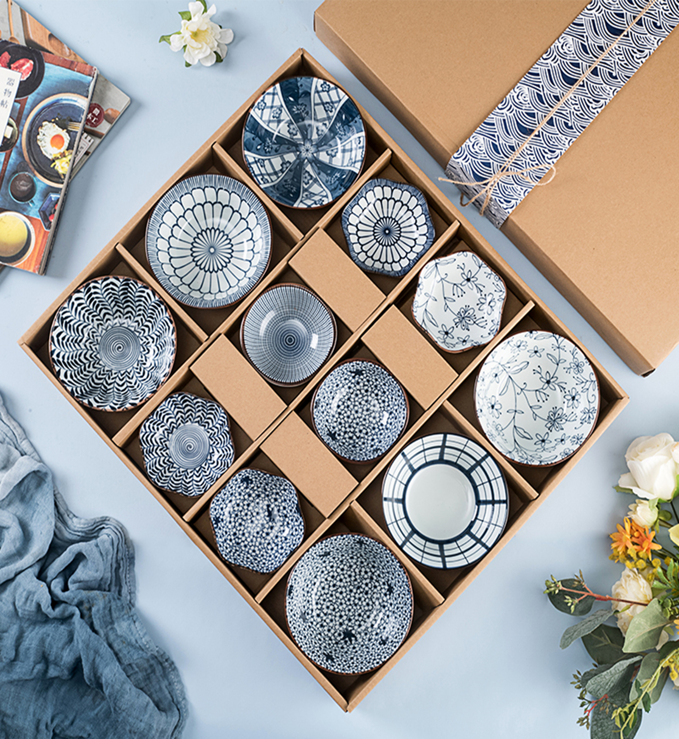 6 cuencos 6 platillos - azul y azul - caja de estilo japonés para ordenar la superficie de la flor son todos de acuerdo con QH-6B6D existente