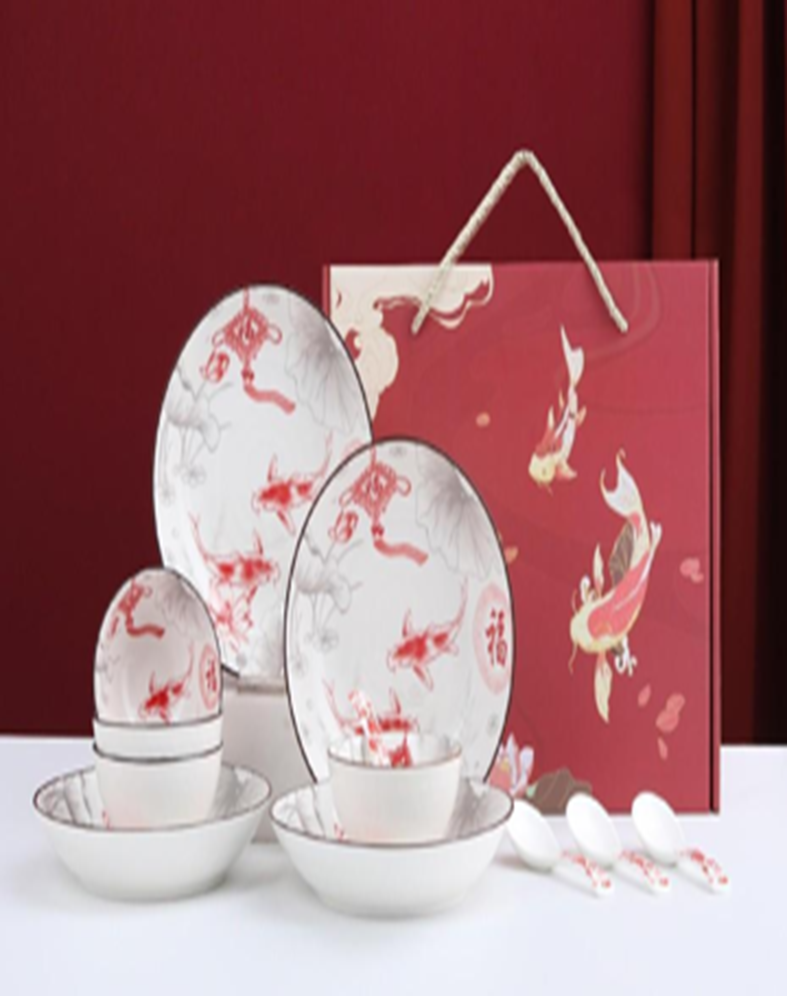 "Yearly Abundance Fish 12-piece set: 4 bowls, 4 spoons, 4 plates NNYY-076812.