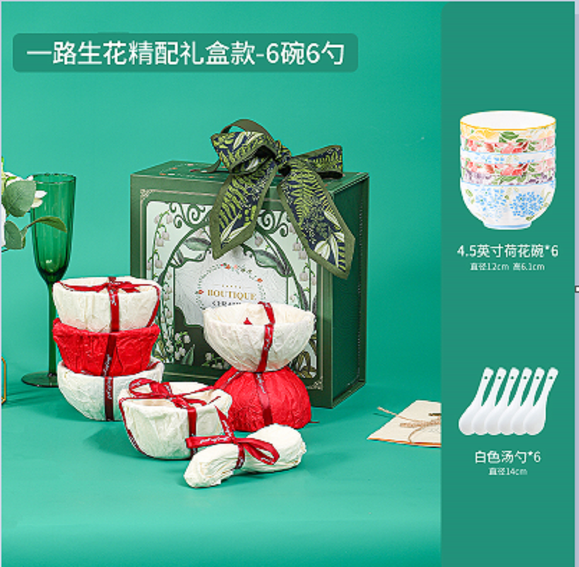 6 bowls, 6 spoons, wrapped in paper containing pear, YLSH-6B6S-2