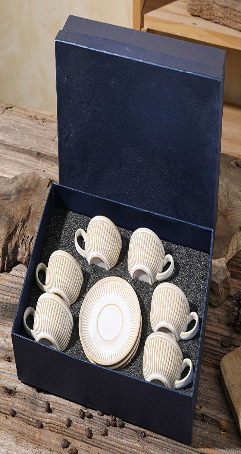 90cc chrysanthemum pattern cups and plates 6 cups and 6 plates gift box packaging: Flowing sand brown, fish belly white, cement gray, bronze, lake green EC-002 details Picture