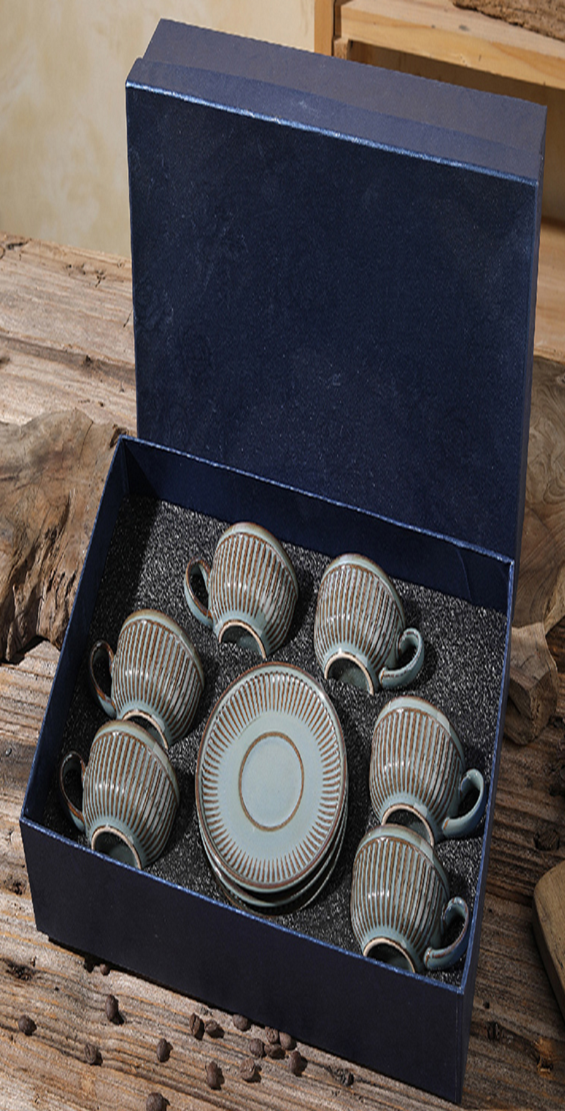 90cc chrysanthemum pattern cups and plates 6 cups and 6 plates gift box packaging: Flowing sand brown, fish belly white, cement gray, bronze, lake green EC-002 Specification image