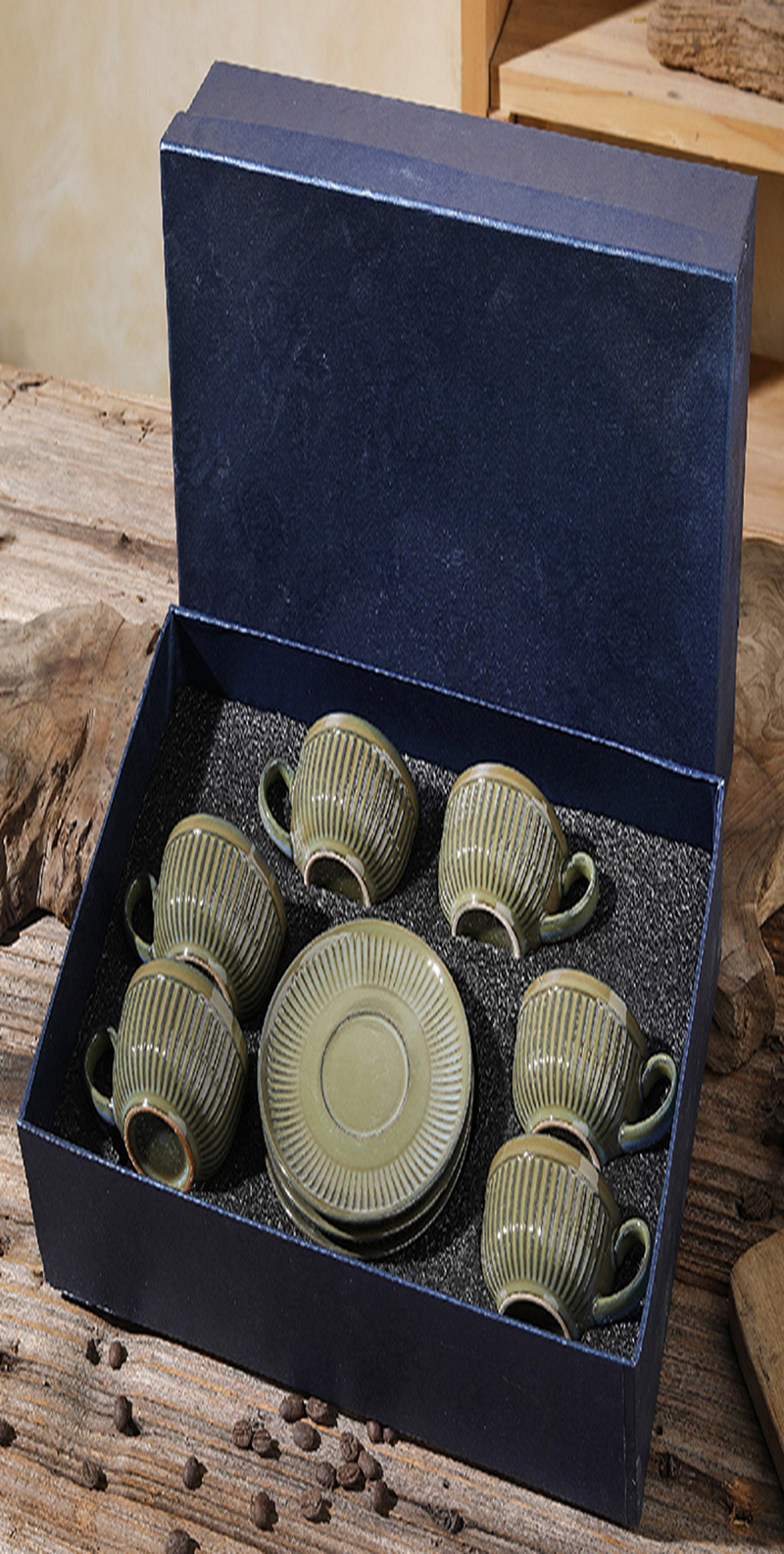 90cc chrysanthemum pattern cups and plates 6 cups and 6 plates gift box packaging: Flowing sand brown, fish belly white, cement gray, bronze, lake green EC-002 Item Picture