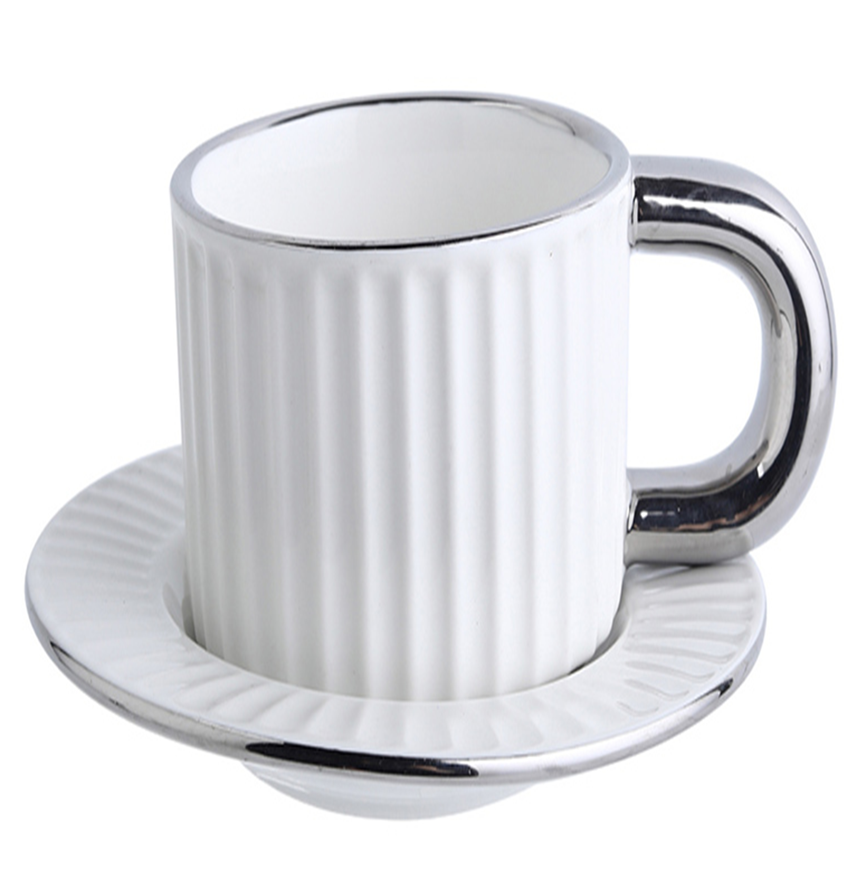 Electroplated large ear striped cup and plate, cup rim, cup and plate with silver plating, cup handle with silver plating EP-003