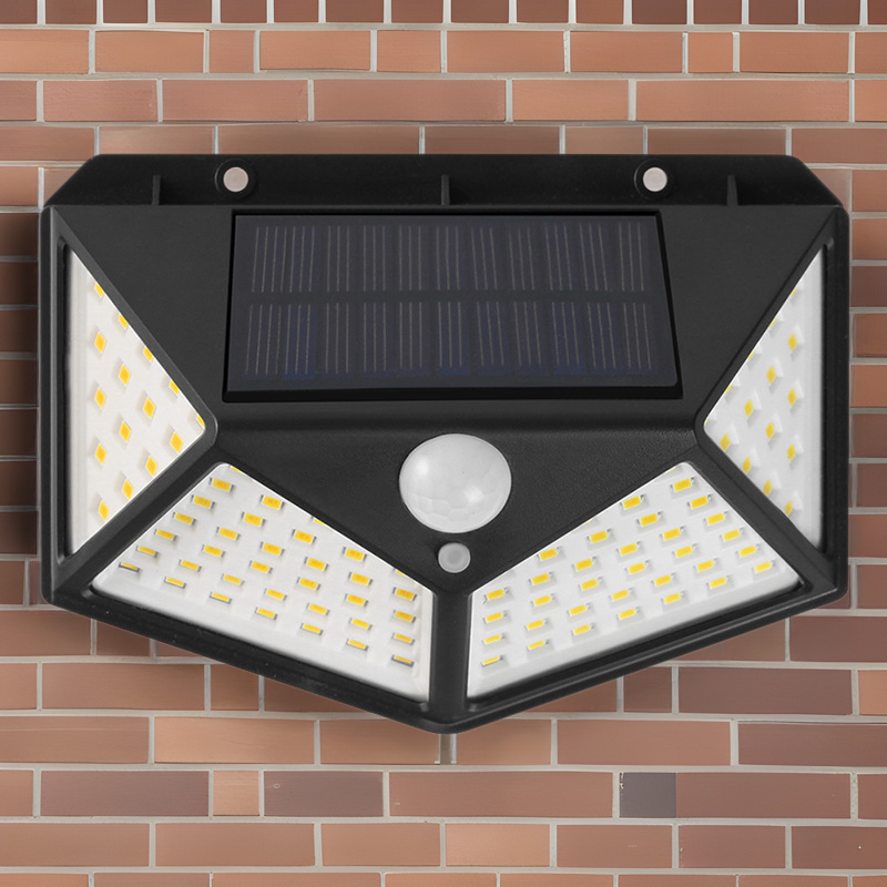New 100LED solar charging wall lamp, four-sided luminous human body sensor lamp, outdoor lighting, modern garden lamp full figure