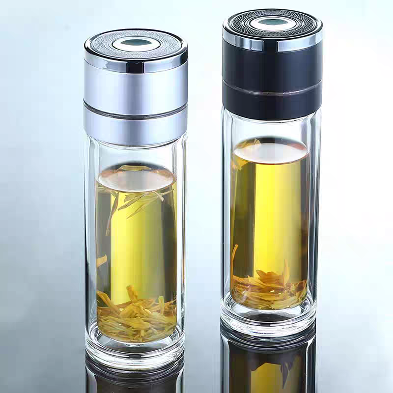 5040-300ml tea-water separation water cup, car one-button lid opening, new men's tea cup, quick-opening double-layer portable press glass cup