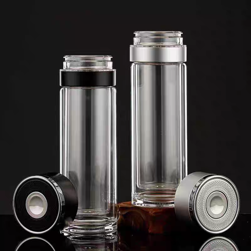 5040-300ml tea-water separation water cup, car one-button lid opening, new men's tea cup, quick-opening double-layer portable press glass cup Item Picture