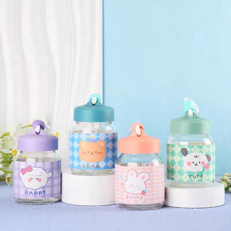 402 Quality Creative Mini small-capacity Glass Cup, cartoon cute children's drinking cup, portable outdoor with handle, 350ml details Picture