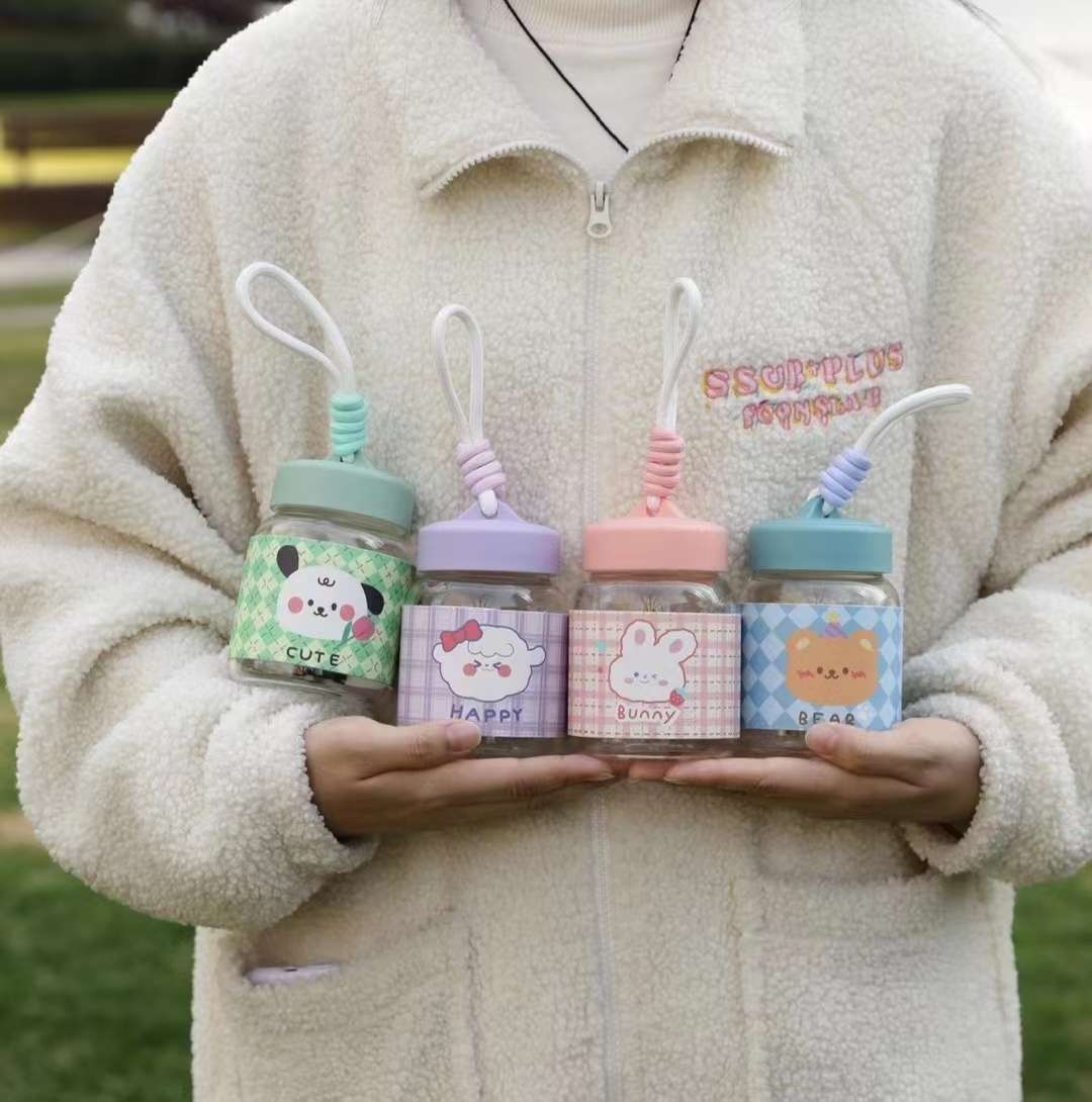 402 Quality Creative Mini small-capacity Glass Cup, cartoon cute children's drinking cup, portable outdoor with handle, 350ml