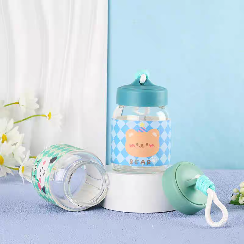 402 Quality Creative Mini small-capacity Glass Cup, cartoon cute children's drinking cup, portable outdoor with handle, 350ml Application Scenario