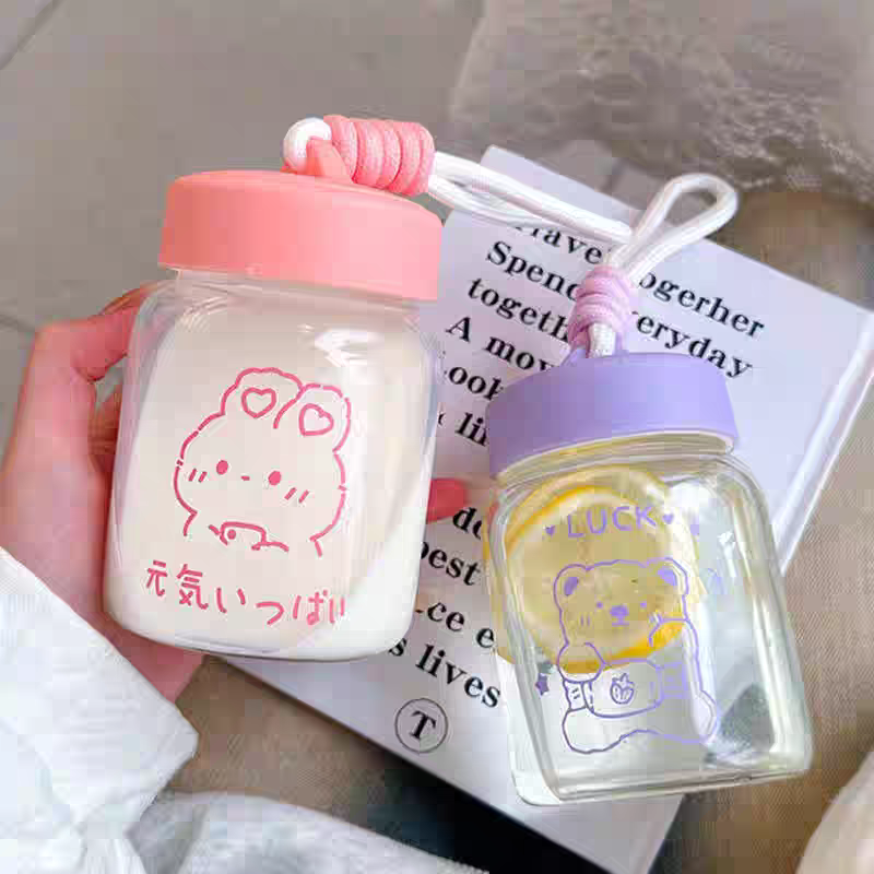 Korean-style high appearance level fresh and light glass cup, portable drawstring drinking cup, children, students, office summer milk cup details Picture