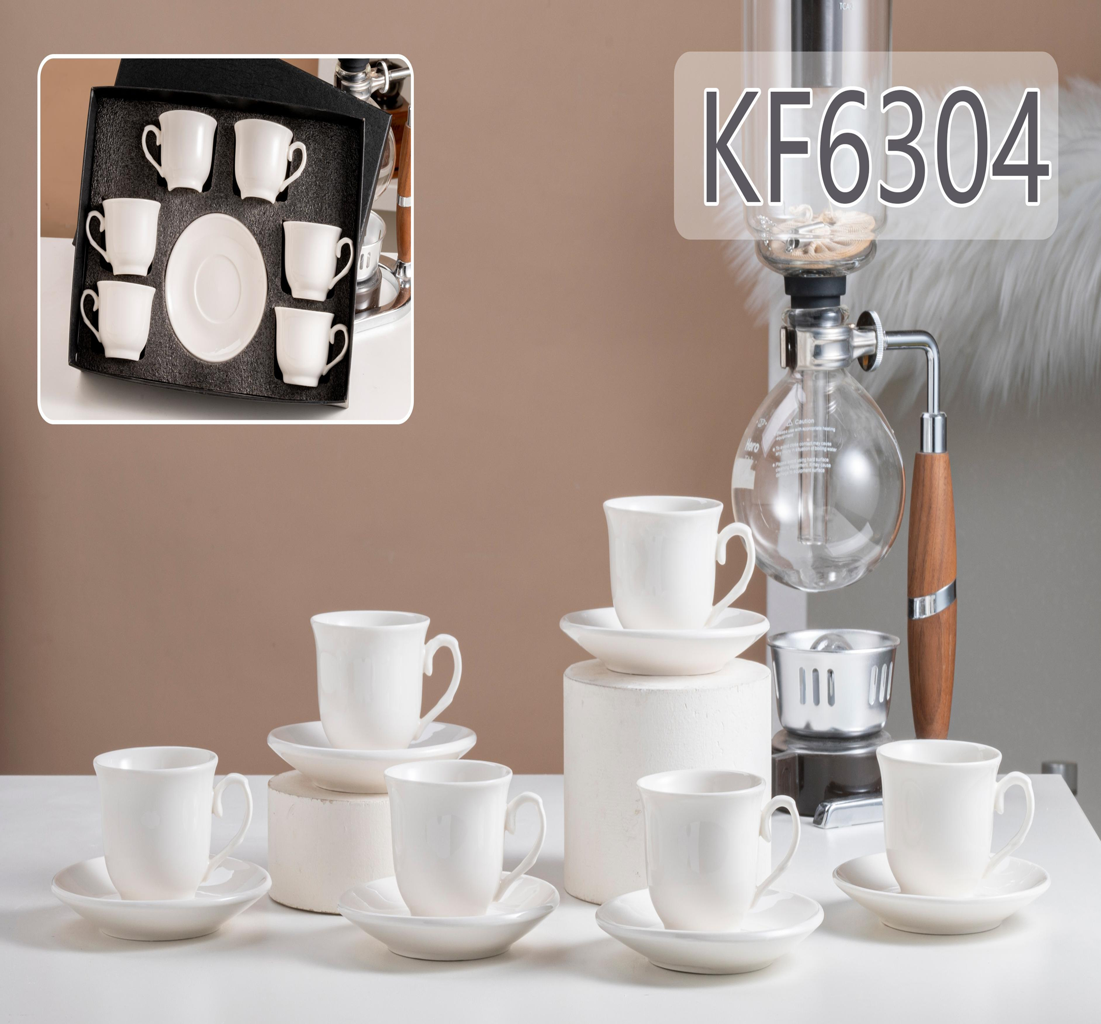 Porcelana reforzada 6 tazas y platos taza blanca KF6304