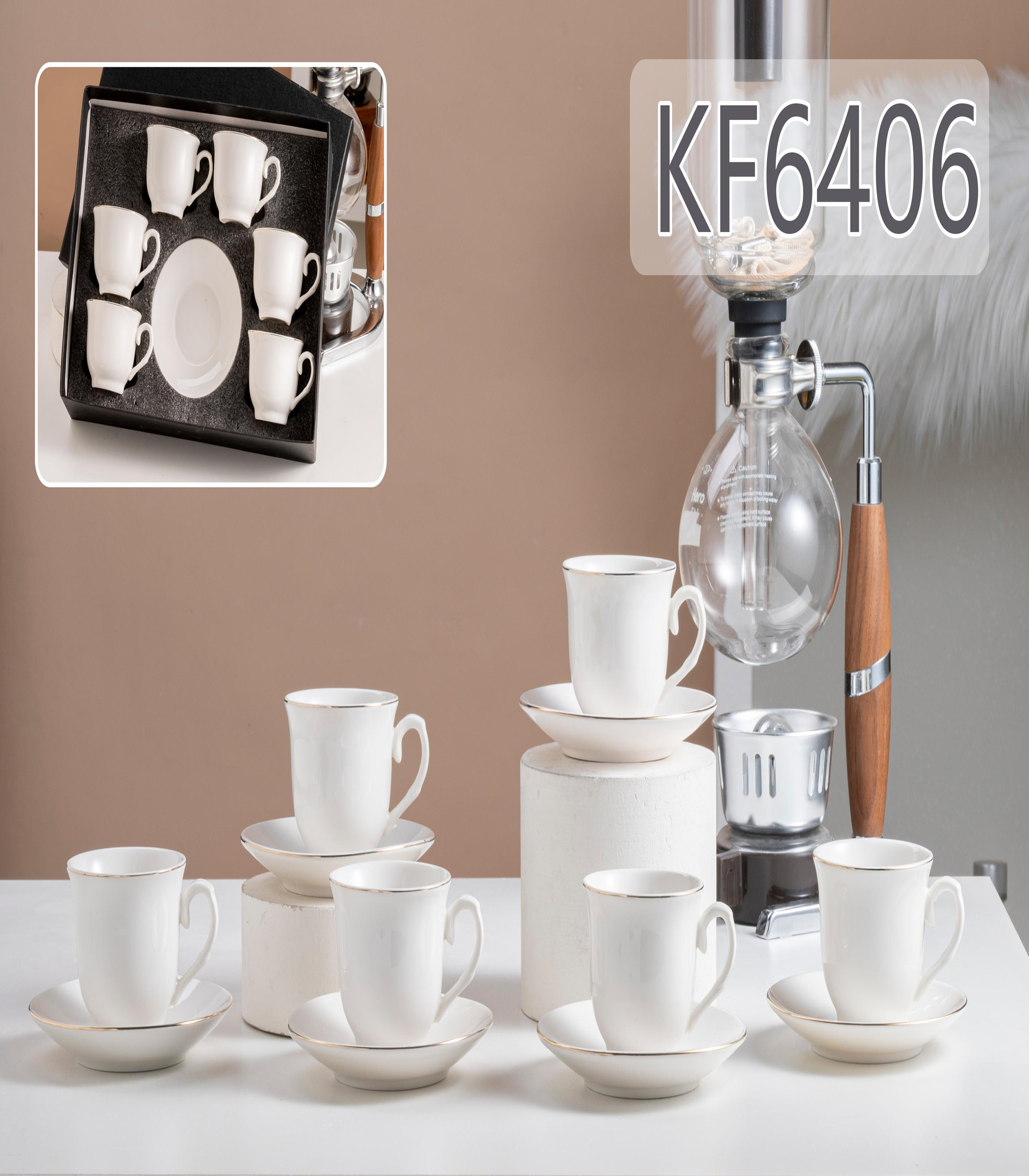 Porcelana reforzada 6 tazas y platos de oro real KF6406