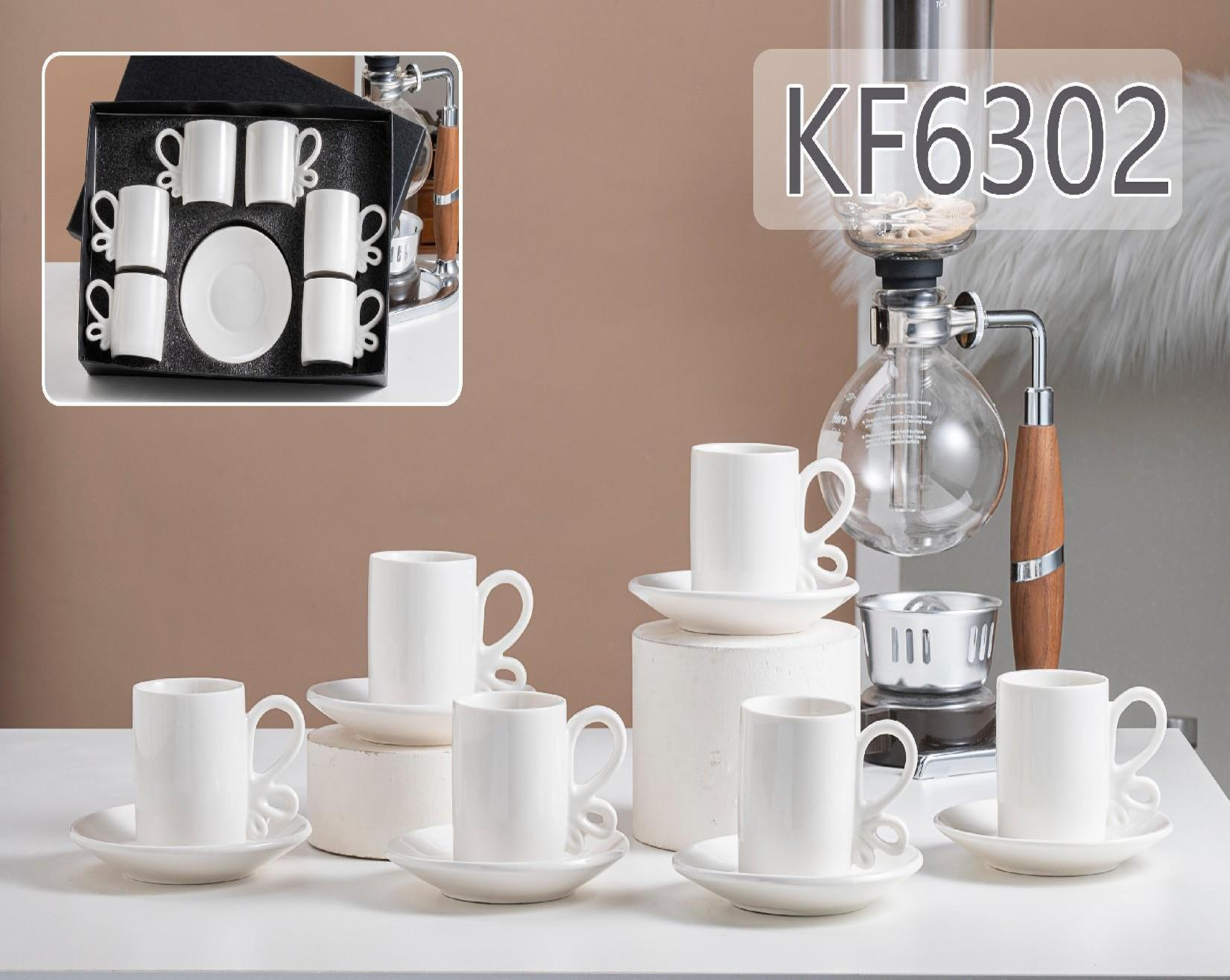 Reinforced porcelain 6-cup plate, white cup KF6302