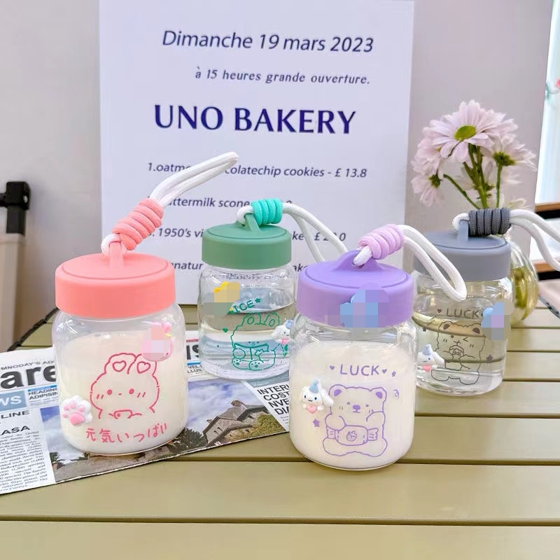 Korean-style high appearance level fresh and light glass cup, portable drawstring drinking cup, children, students, office summer milk cup