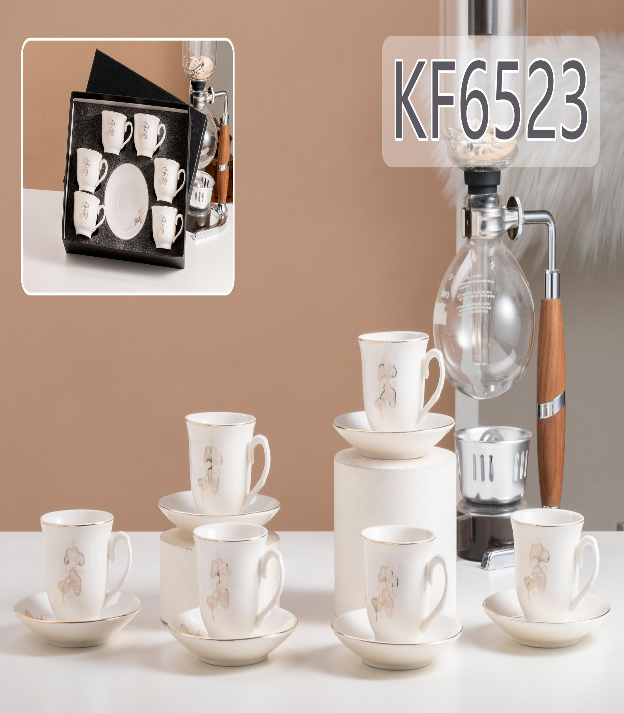 6 cups and plates of reinforced porcelain with genuine gold flower paper and genuine gold KF6523