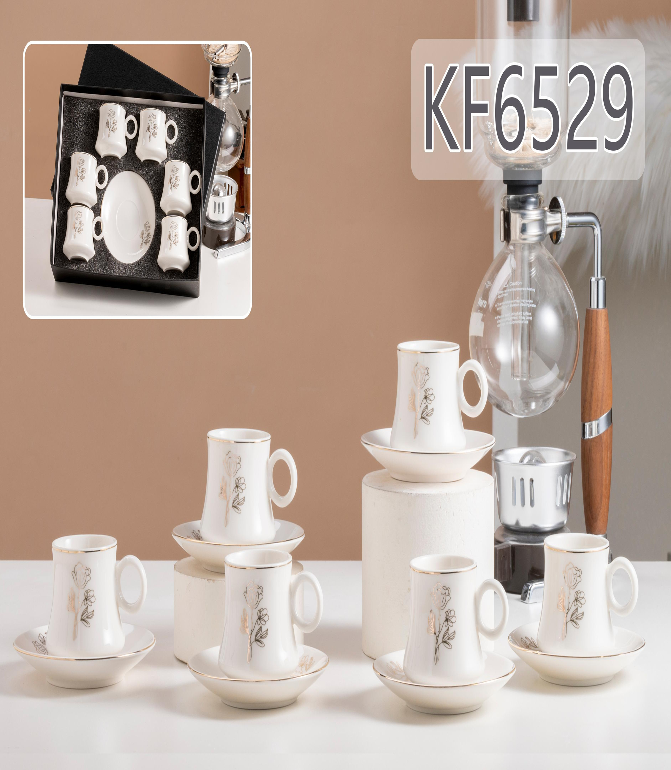 6 cups and plates of reinforced porcelain with genuine gold flower paper and genuine gold KF6529