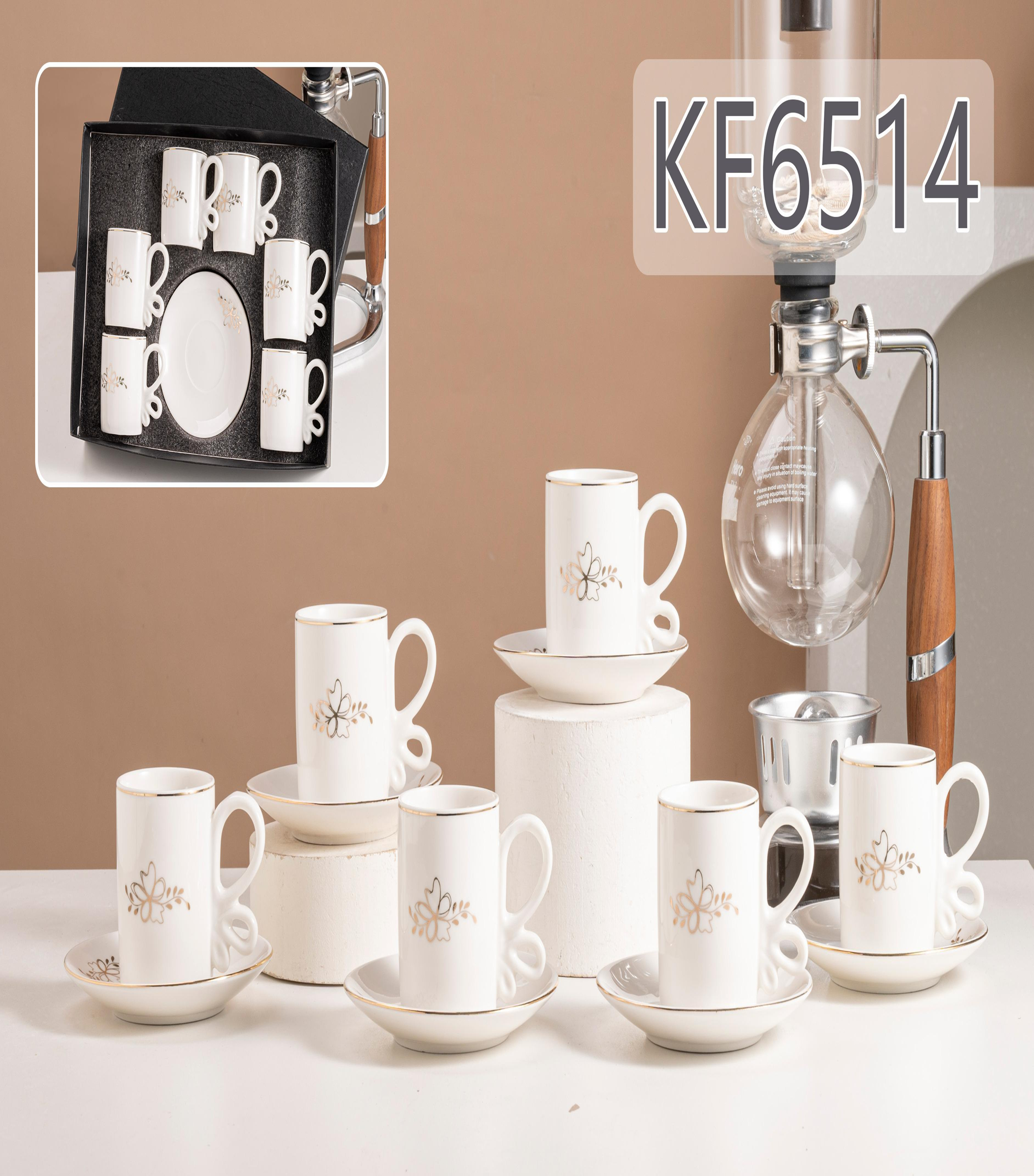6 cups and plates of reinforced porcelain with genuine gold flower paper and genuine gold KF6514