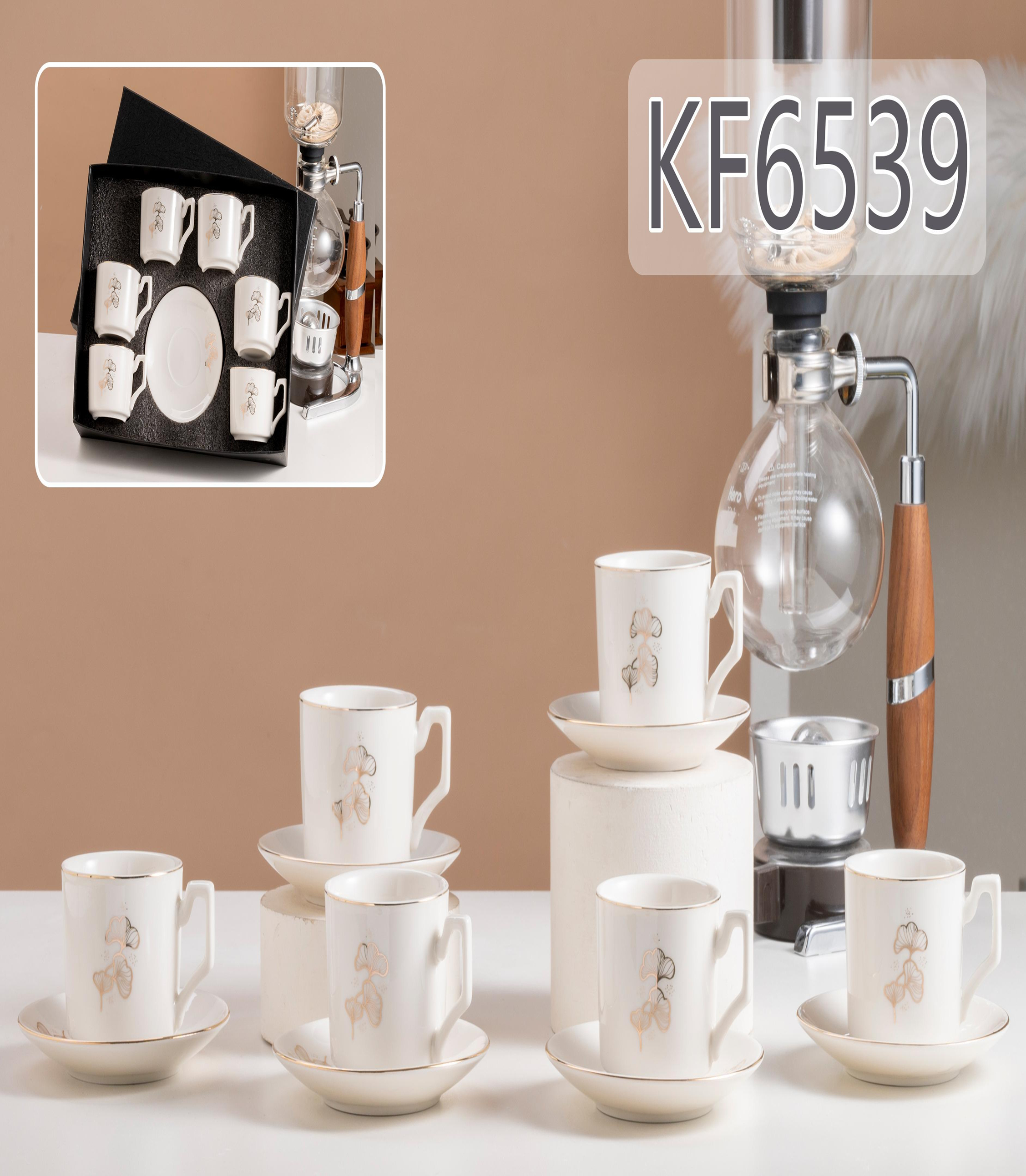 6 cups and plates of reinforced porcelain with genuine gold flower paper and genuine gold KF6539