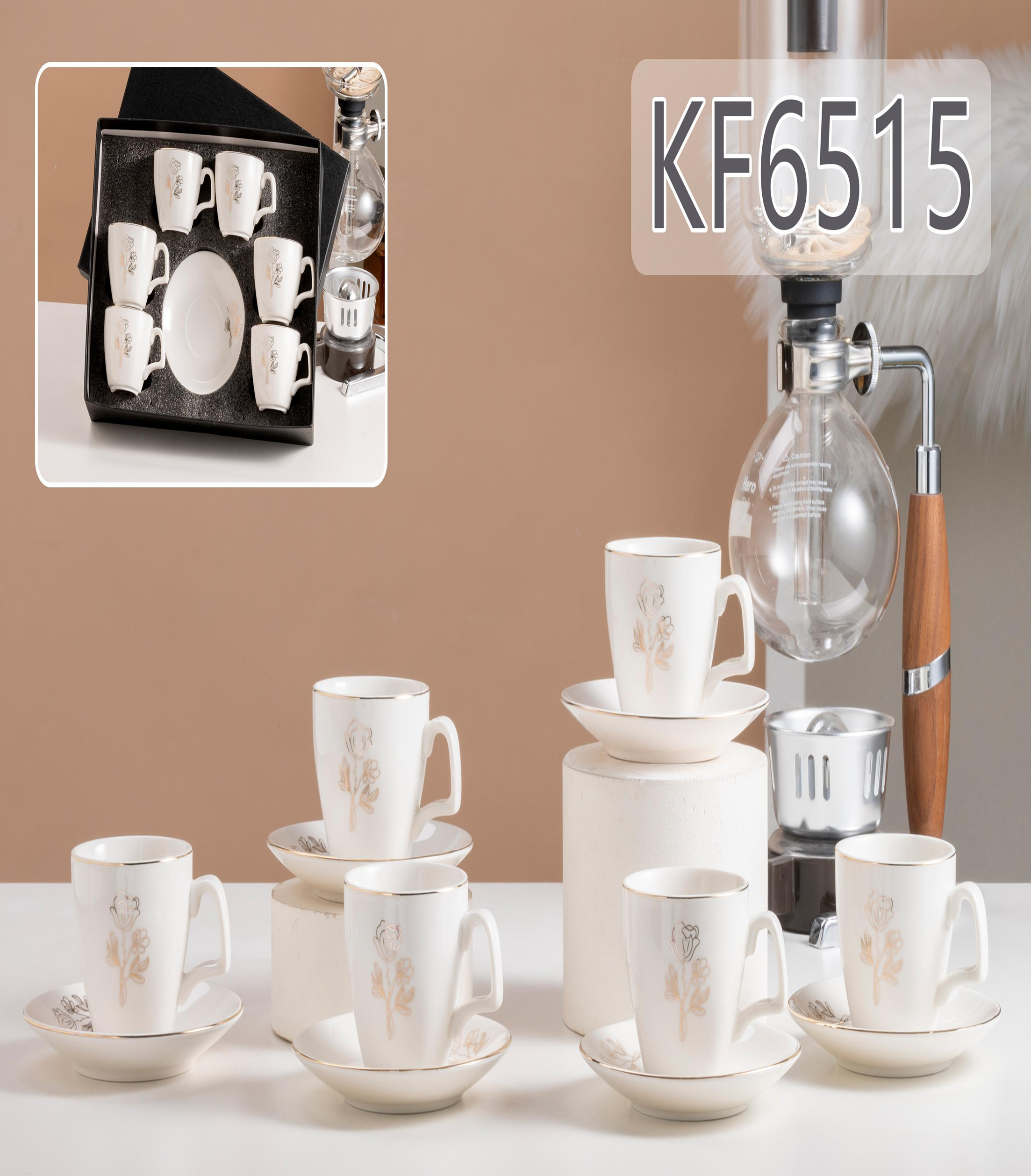 Porcelana reforzada 6 tazas y platos de oro real papel floral + oro real KF6515
