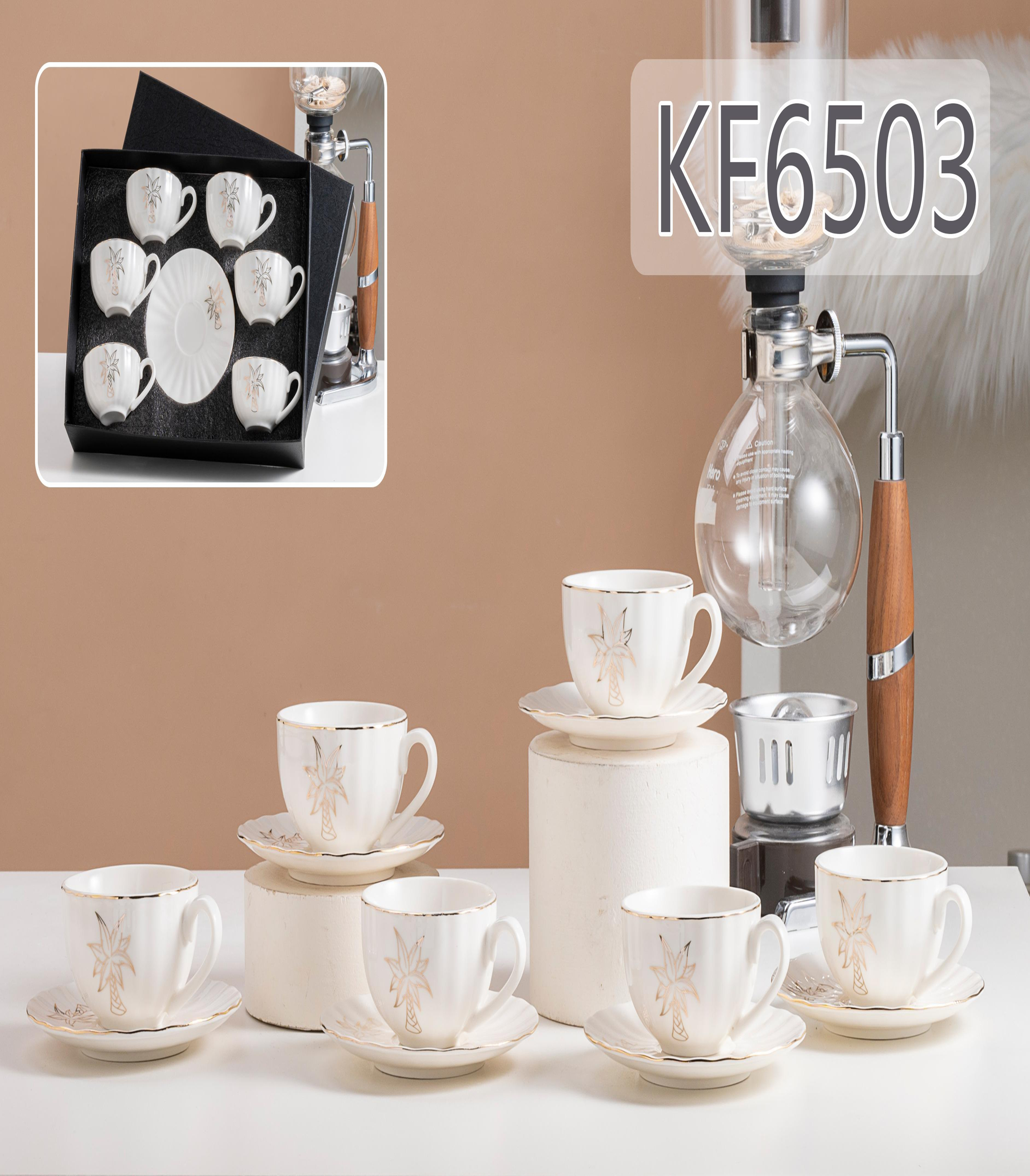 6 cups and plates of reinforced porcelain with genuine gold flower paper and genuine gold KF6503