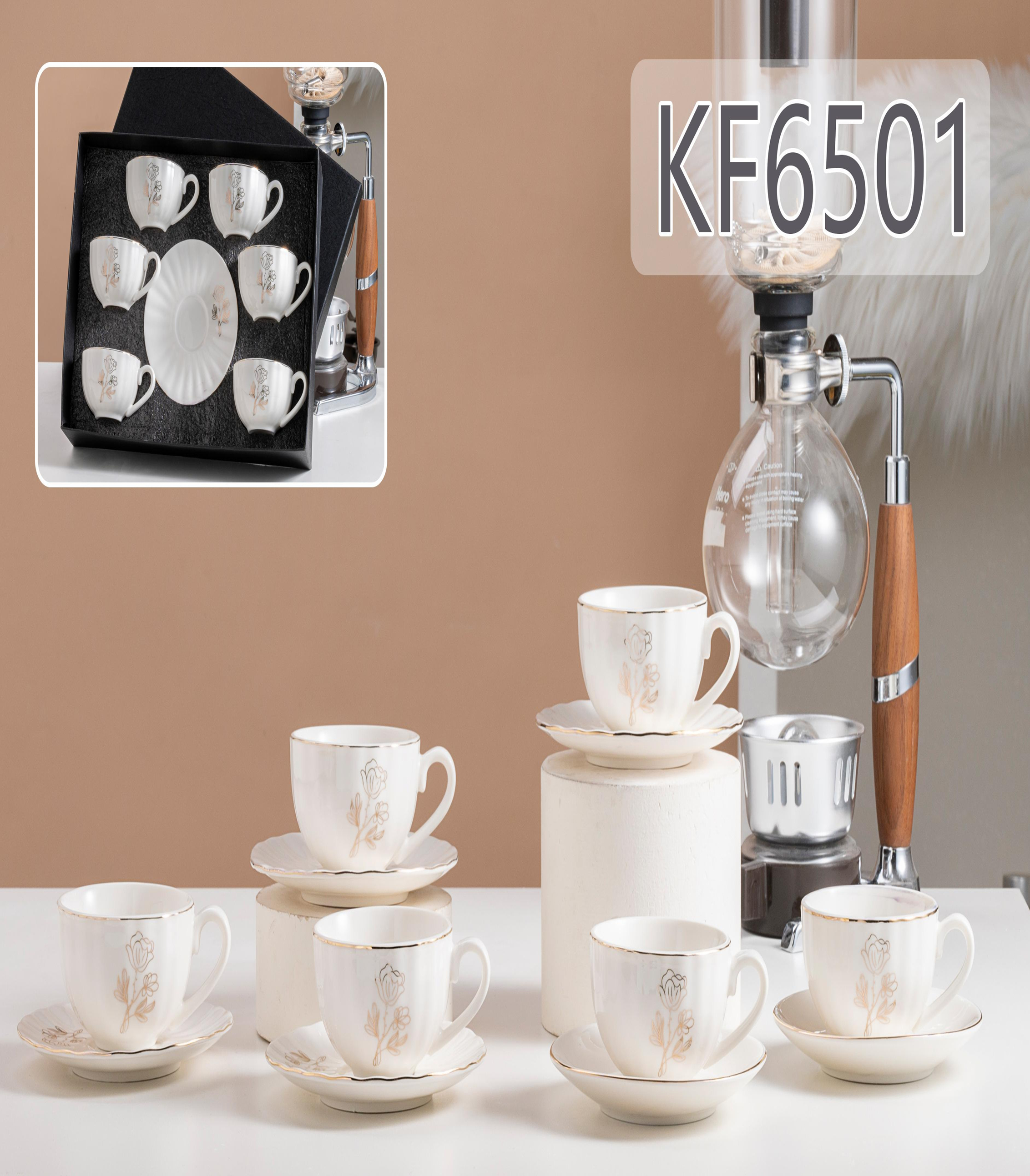 Reinforced porcelain 6-cup plate, white cup KF6501-1