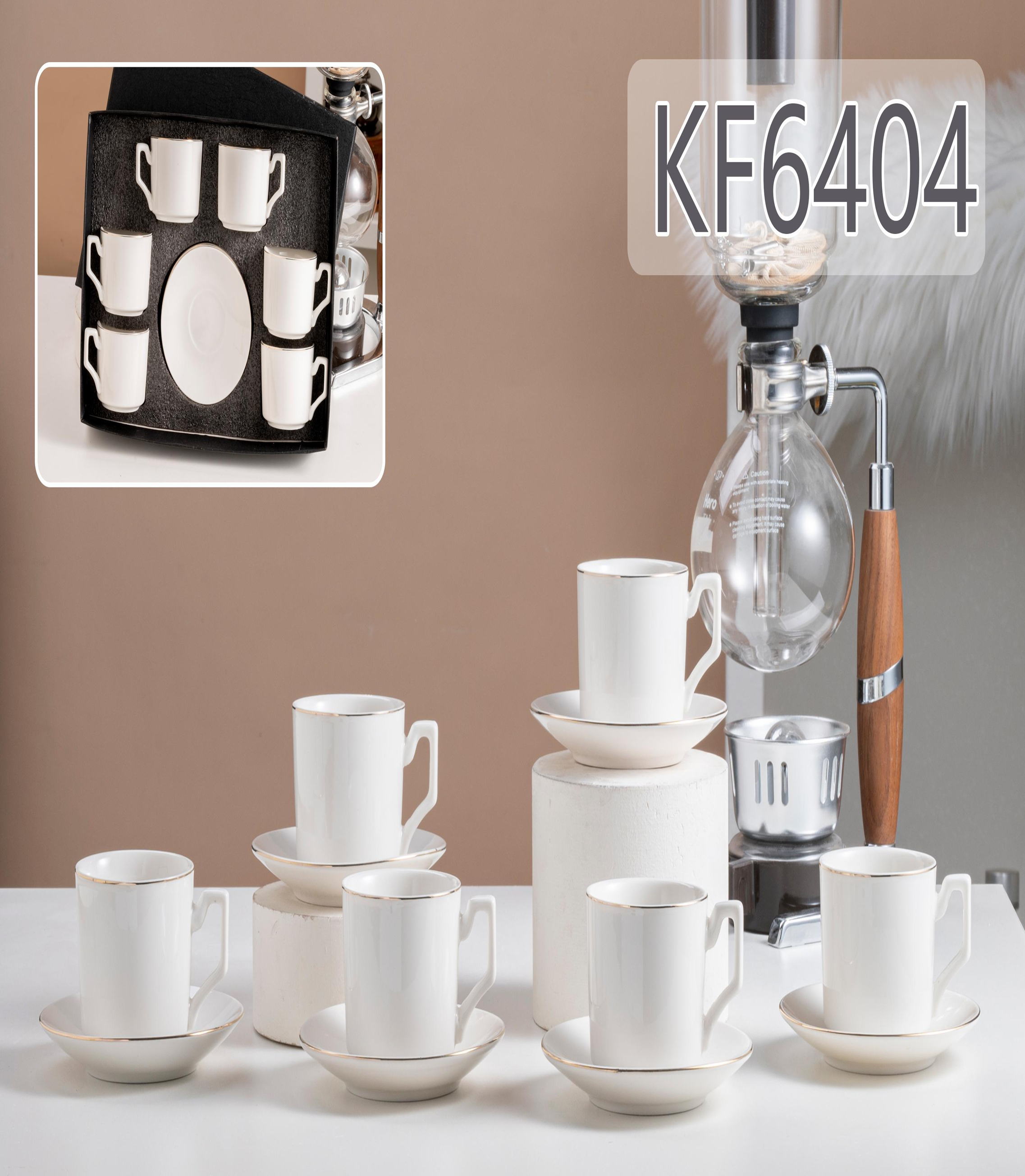 Reinforced porcelain 6-cup plate, white cup KF6404-1