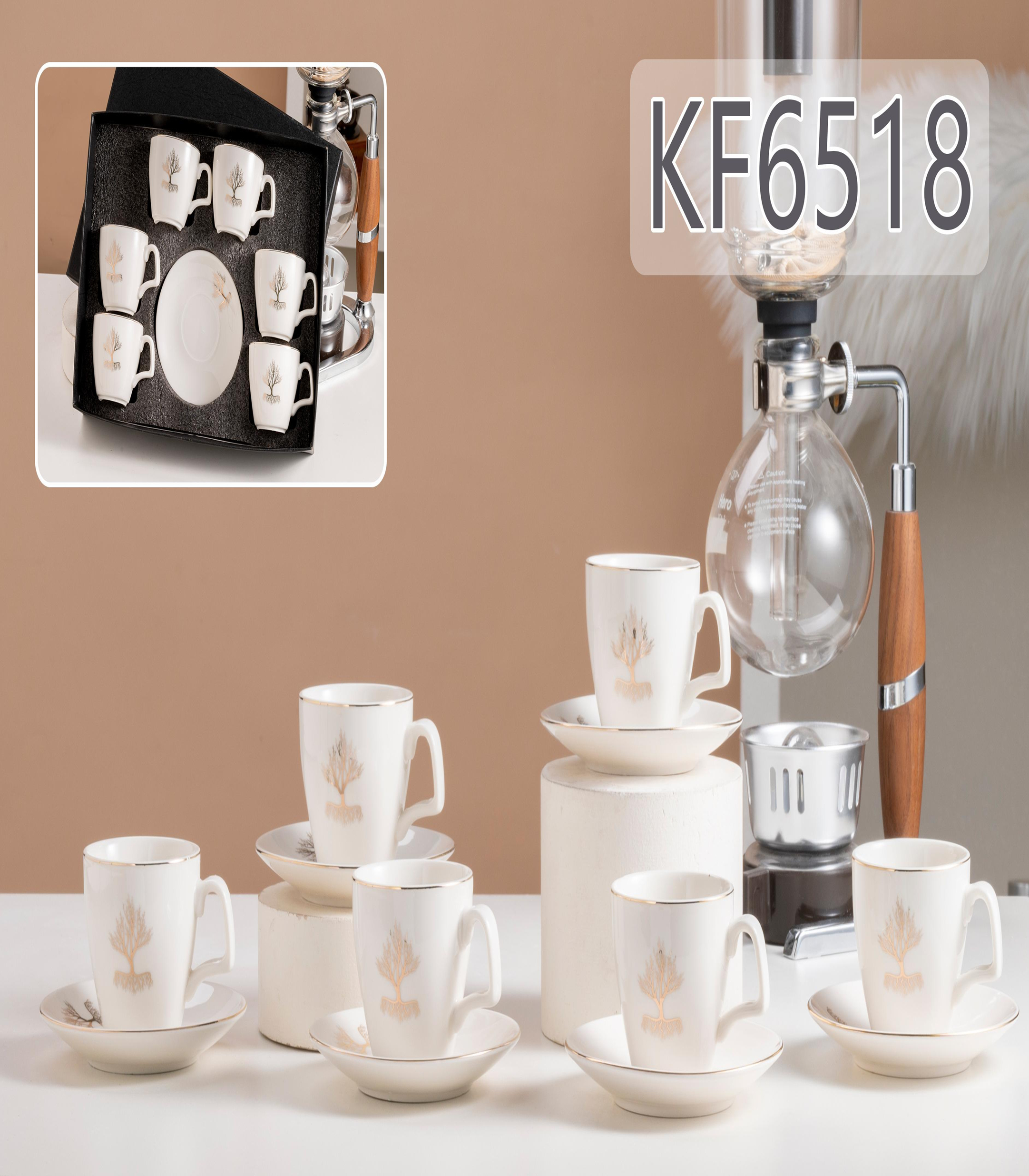 6 cups and plates of reinforced porcelain with genuine gold flower paper and genuine gold KF6518
