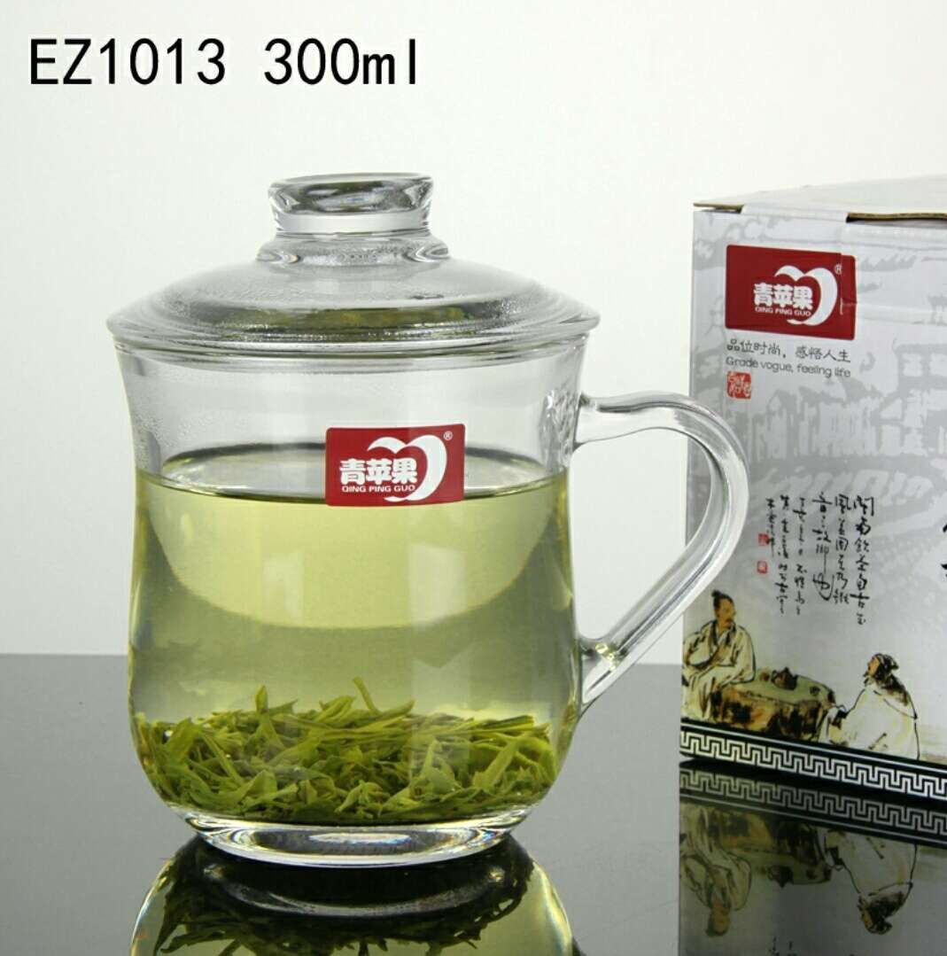 EZ1013 Green Apple Glass Tea Cup with lid, tea drinking cup with lid, cup handle, household glass cup, green tea water cup