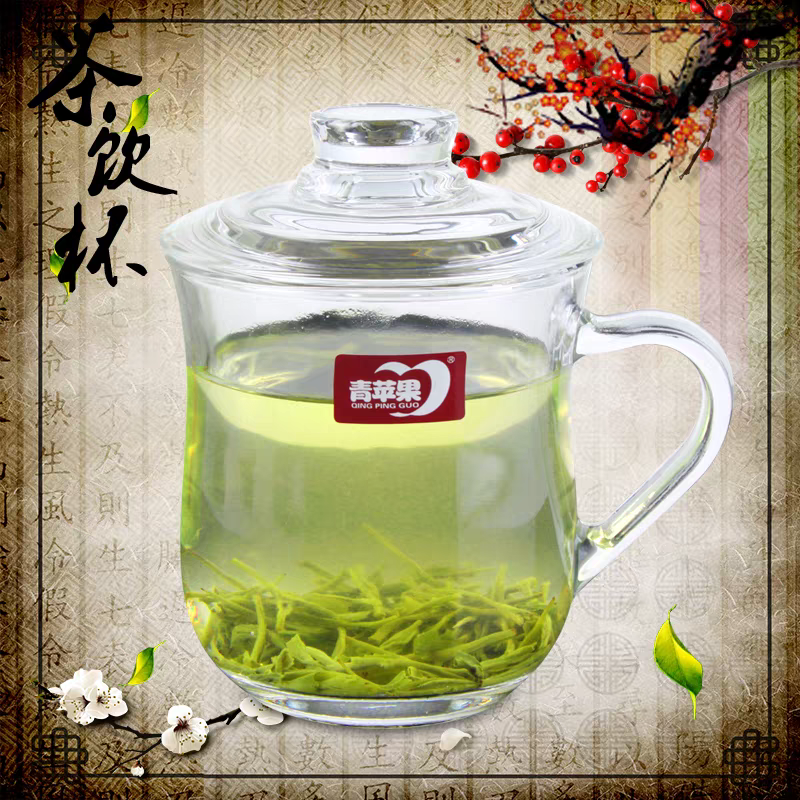 EZ1013 Green Apple Glass Tea Cup with lid, tea drinking cup with lid, cup handle, household glass cup, green tea water cup detail image 4