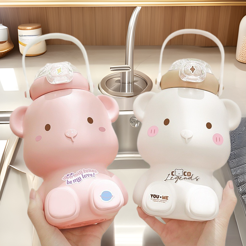 Insulated cup, large-capacity children's straw, cute student water cup, portable anti-drop 316 stainless steel cartoon cup full figure