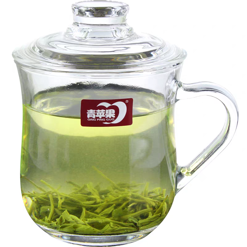 EZ1013 Green Apple Glass Tea Cup with lid, tea drinking cup with lid, cup handle, household glass cup, green tea water cup detail image 3