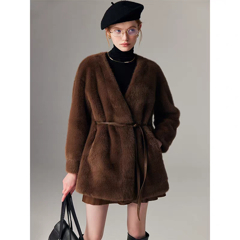 外套女秋冬中长款皮毛一体大衣水貂绒皮草2025新款v领羽绒服女宽松韩版