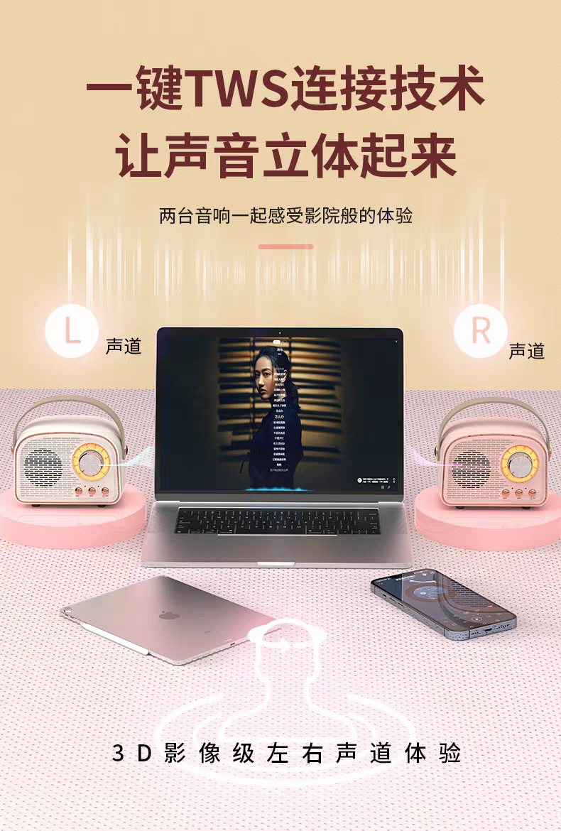 aima艾玛AIMA 蓝牙音响手提复古蓝牙音响小型2025年新款USB插卡u盘无线FM收音机TWS一键连接多功能蓝牙音箱详情图4