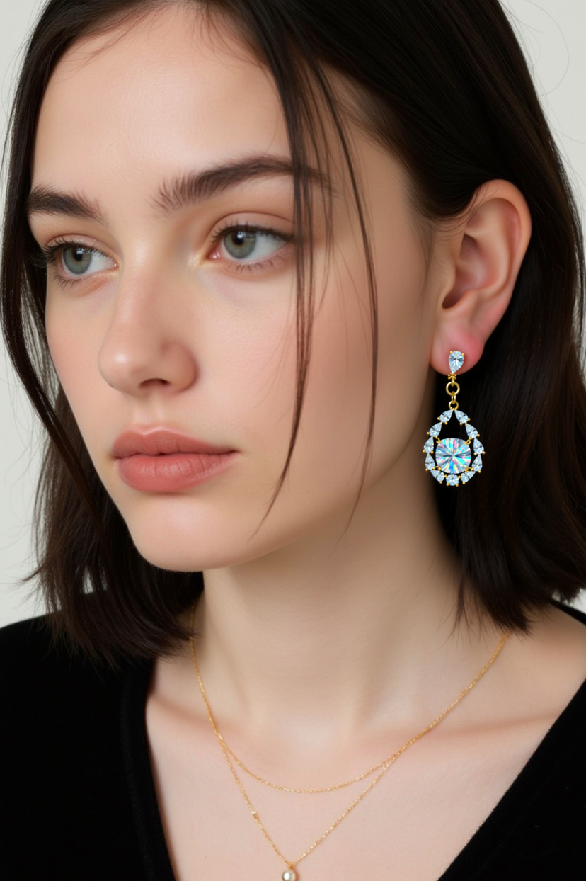Xuhui brand exquisite and light luxury copper plated with real gold and zirconia 925 silver needle water drop luxurious design fashionable stud earrings full figure